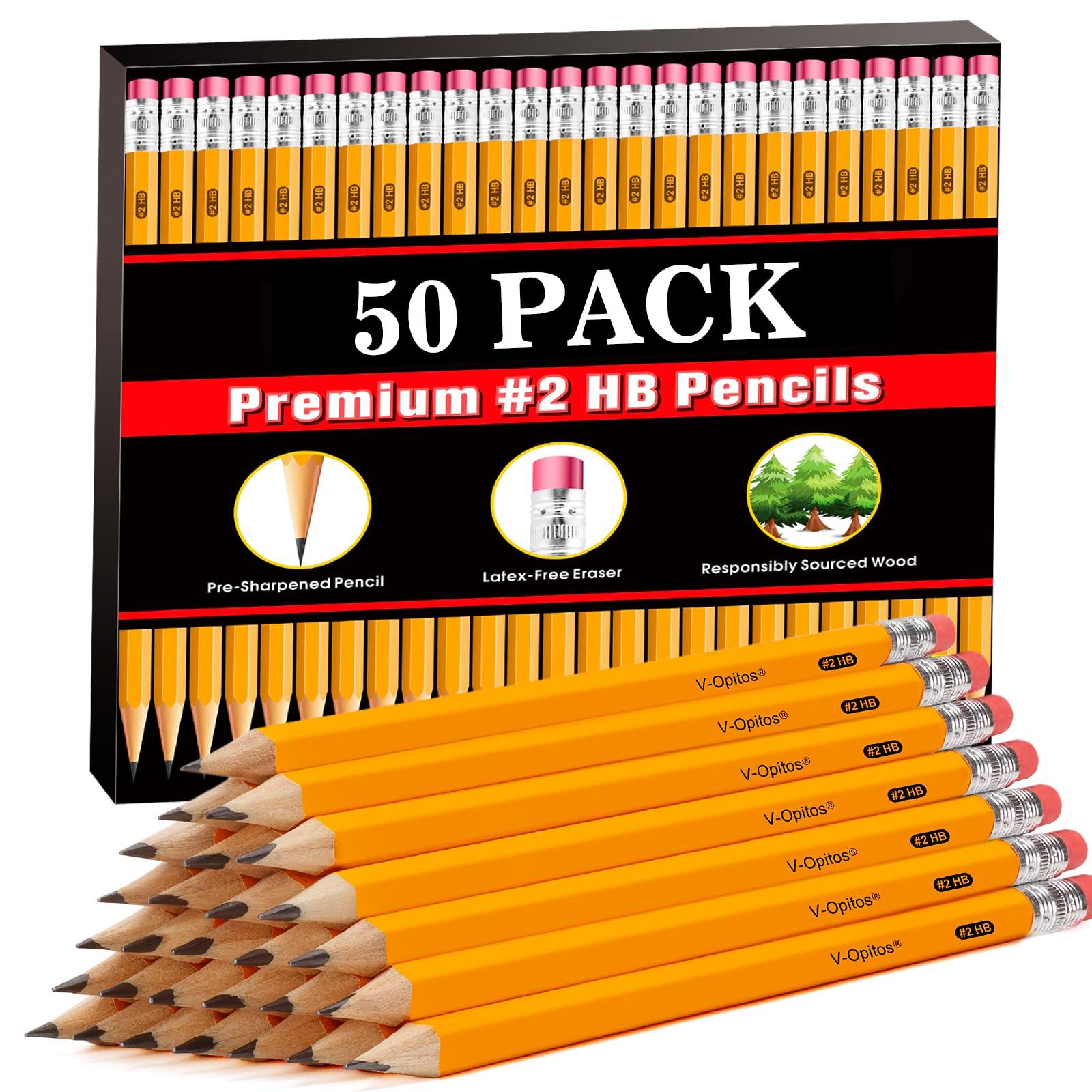 V-Opitos Wood-Cased #2 HB Pencils, 50 Pack Pre-Sharpened with Top Erasers, Bulk Yellow Pencils for School, Writing, Drawing and Sketching