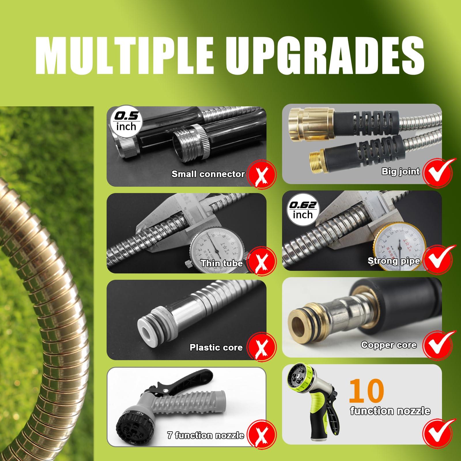 50FT Metal Garden Hose - Stainless Steel, Heavy Duty, Flexible & Lightweight, Never Kink and Tangle, with 10-Function Nozzle, Pressure Resistant for Outdoor Use (Yellow) - Image 4