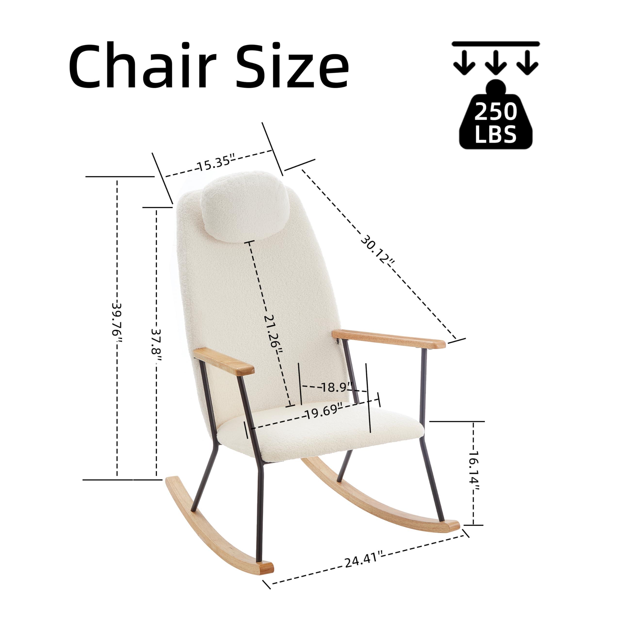 VeroFree Adjustable Headrest Pillow Rocking Chair, Teddy Fabric Glider Rocker with High Backrest – Modern Nursery, Bedroom, Living Room Accent Chair (White + Nature) - Image 2