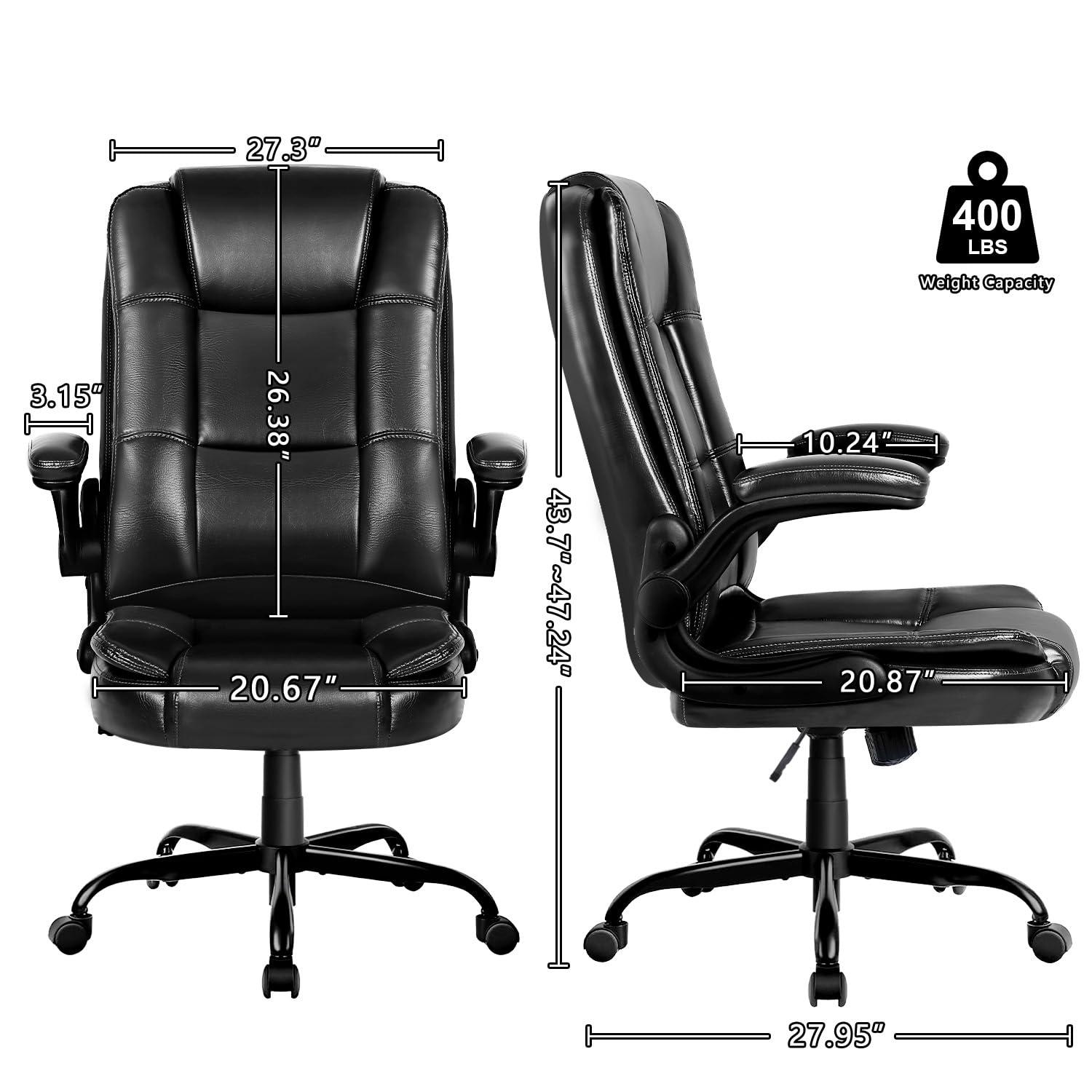 Leather Office Chair - Ergonomic Computer Desk Chair, High Back Executive Office Chair with Lumbar Support, Comfortable Leather Home Office Desk Chairs with Padded Flip-up Armrest, Black - Image 3