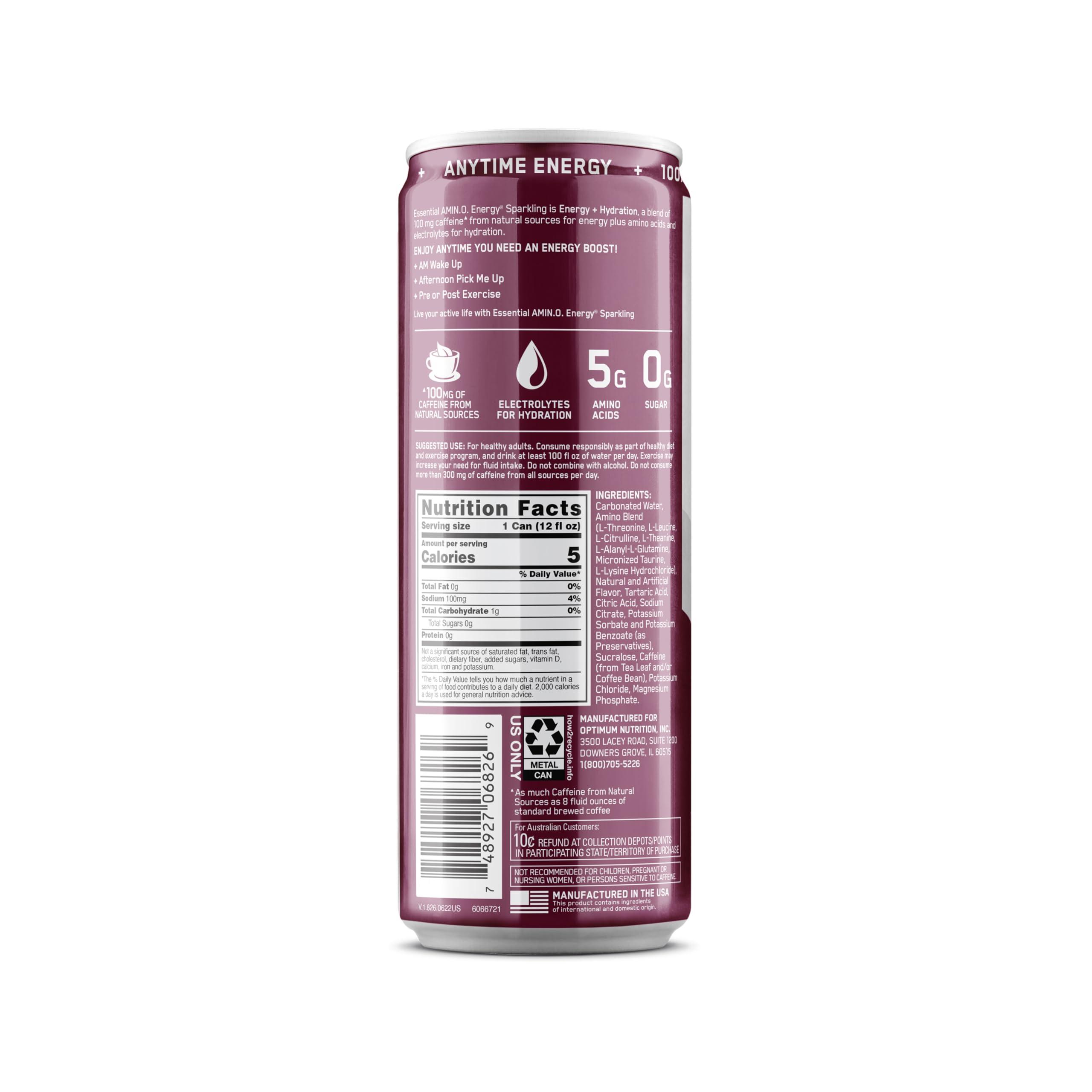 Optimum Nutrition Amino Energy Sparkling Hydration Drink, Electrolytes, Caffeine, Amino Acids, BCAAs, Sugar Free, Berry Burst, 12 Fl Oz, 12 Pack - Image 9