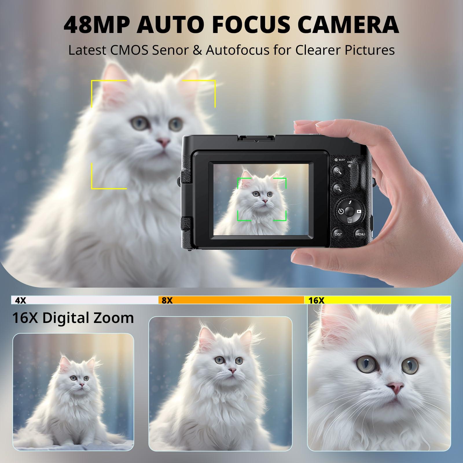 4K Digital Camera for Photography Autofocus, 2024 Latest 48MP Vlogging Camera for YouTube with SD Card, 2 Batteries, 3" 180°Flip Screen Compact Travel Camera for Teens with 16X Zoom, Anti-Shake,Black - Image 3