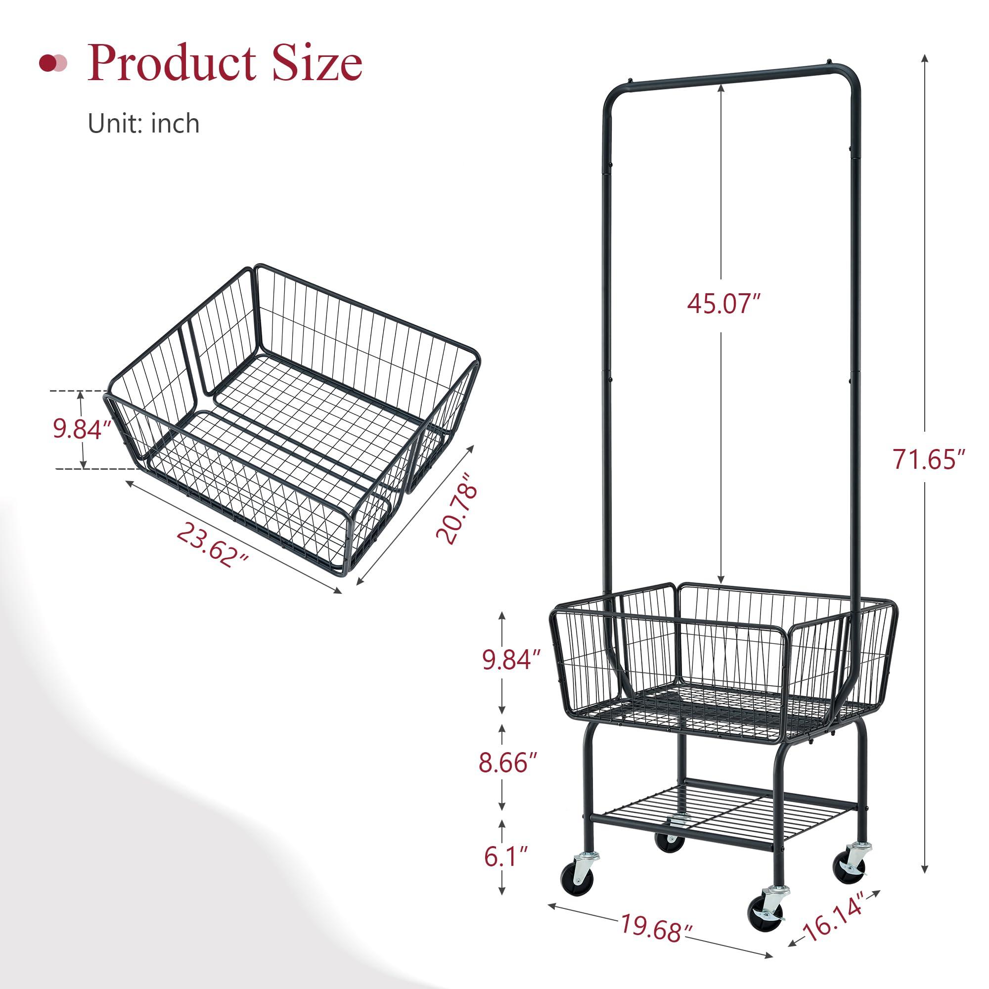 Tajsoon Laundry Cart with Hanging Rack, Metal Laundry Basket with Wheels, Laundry Hamper with Storage Basket and Shelf, Rolling Laundry Cart with Wheels, Black - Image 3