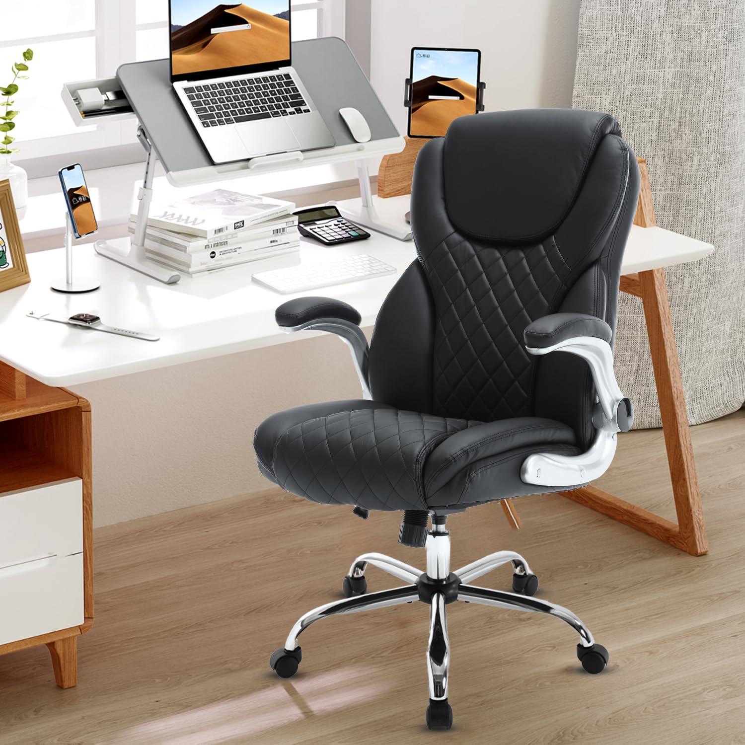 REFICCER Executive Office Chair, High Back Faux Leather Ergonomic Office Desk Chairs with Wheels, 90-120° Rocking Managerial Swivel Home Computer Chairs with Flip up Arms Lumbar Support(Black) - Image 2