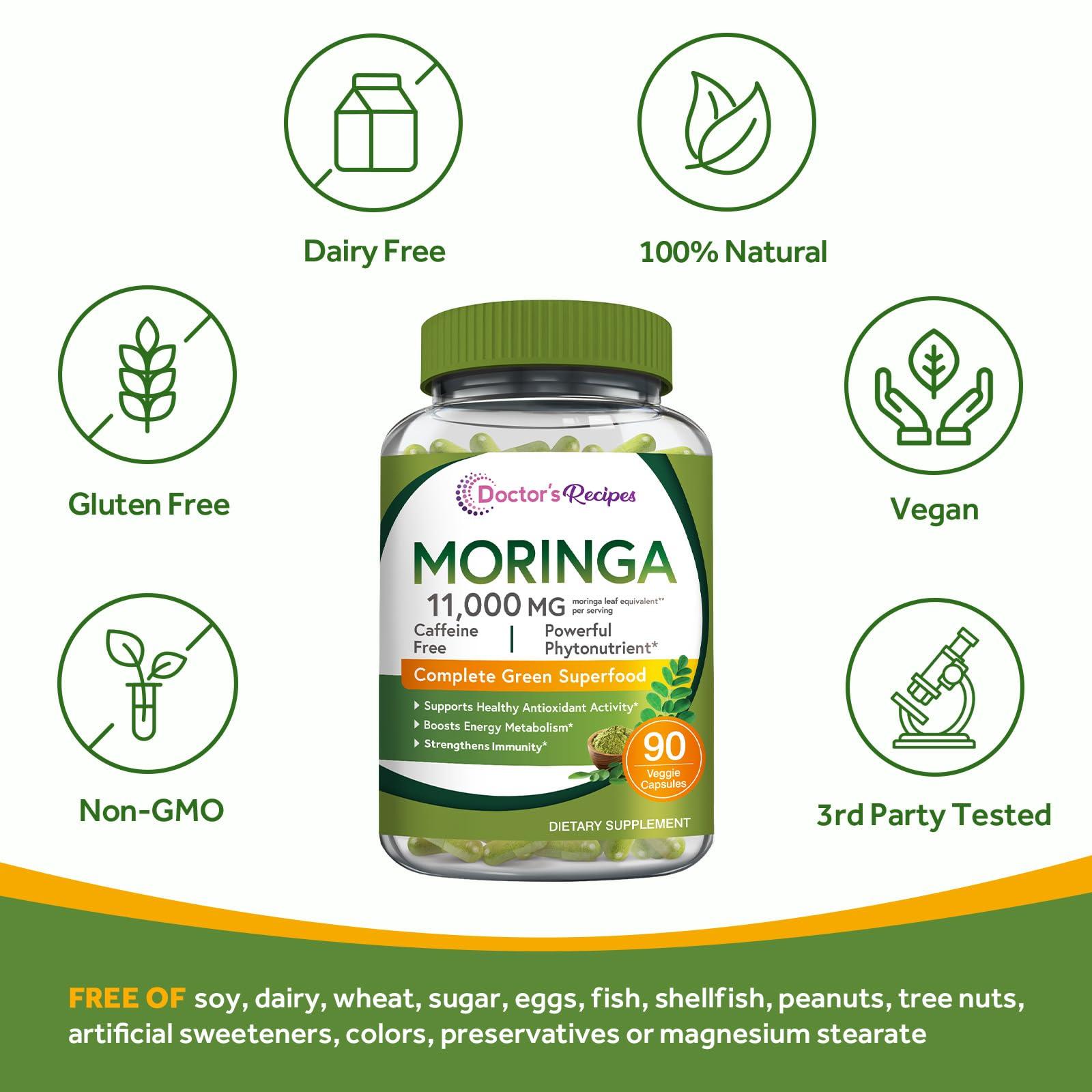 Doctor's Recipes Moringa 11,000 mg Strength, Complete Green Superfood, Natural Antioxidant Support, Non-GMO, 90 Vegan Caps, No Caffeine Soy Gluten - Image 5