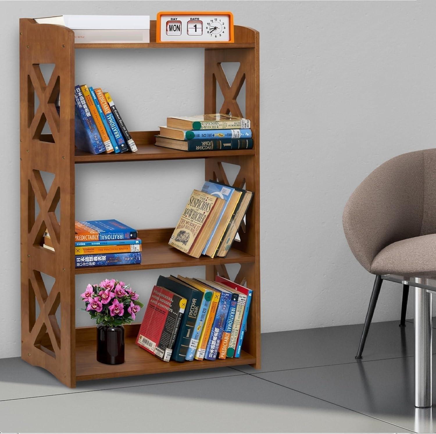 YCICI Open Book Shelf, 4 Tier Bookcase, Small Bookshelf, Wooden Book Shelf Kitchen Shelf, Freestanding Display Storage Shelves for Bedroom, Living Room and Office (Brown) - Image 2
