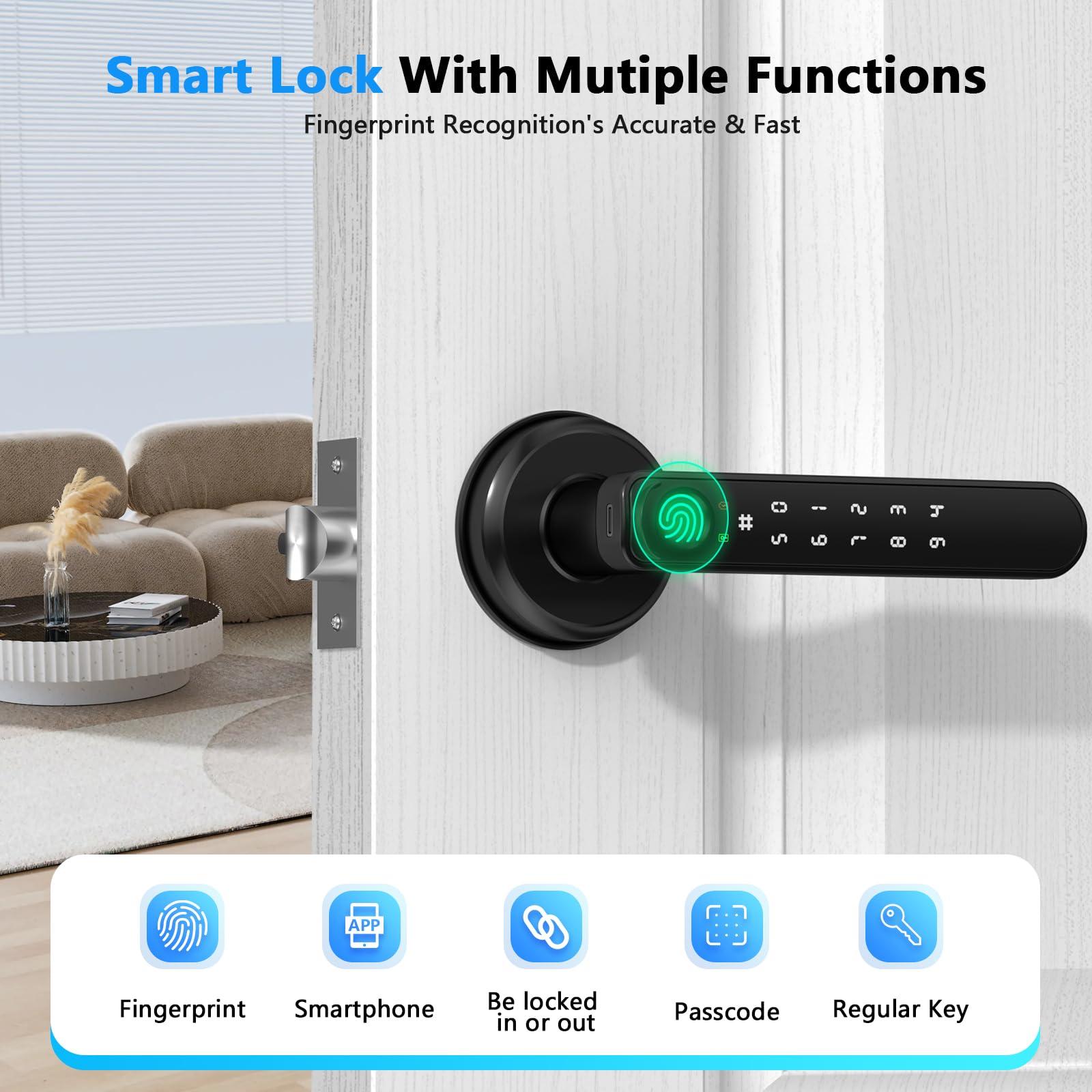 Fingerprint Door Lock, Smart Door knob, Biometric Door Lock, Bedroom Door knob with Code and App, Keypad Keyless Entry with Handle for Home Hotel Office Apartment - Image 2
