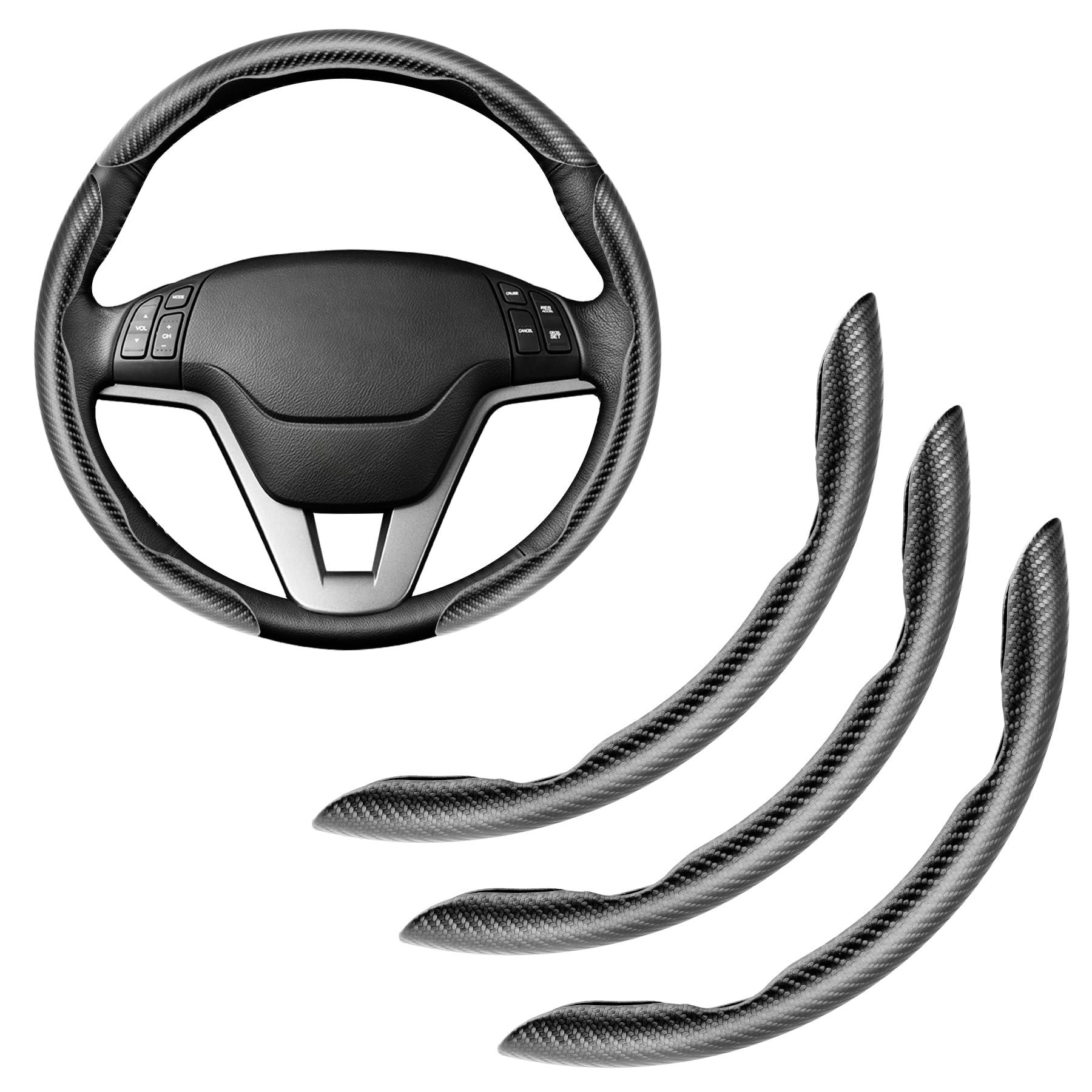 Amiss 3pcs Carbon Fiber Anti-Skid Steering Wheel Cover, Segmented & Butterfly Design, Universal 99% Car Wheel Cover Protector, Black