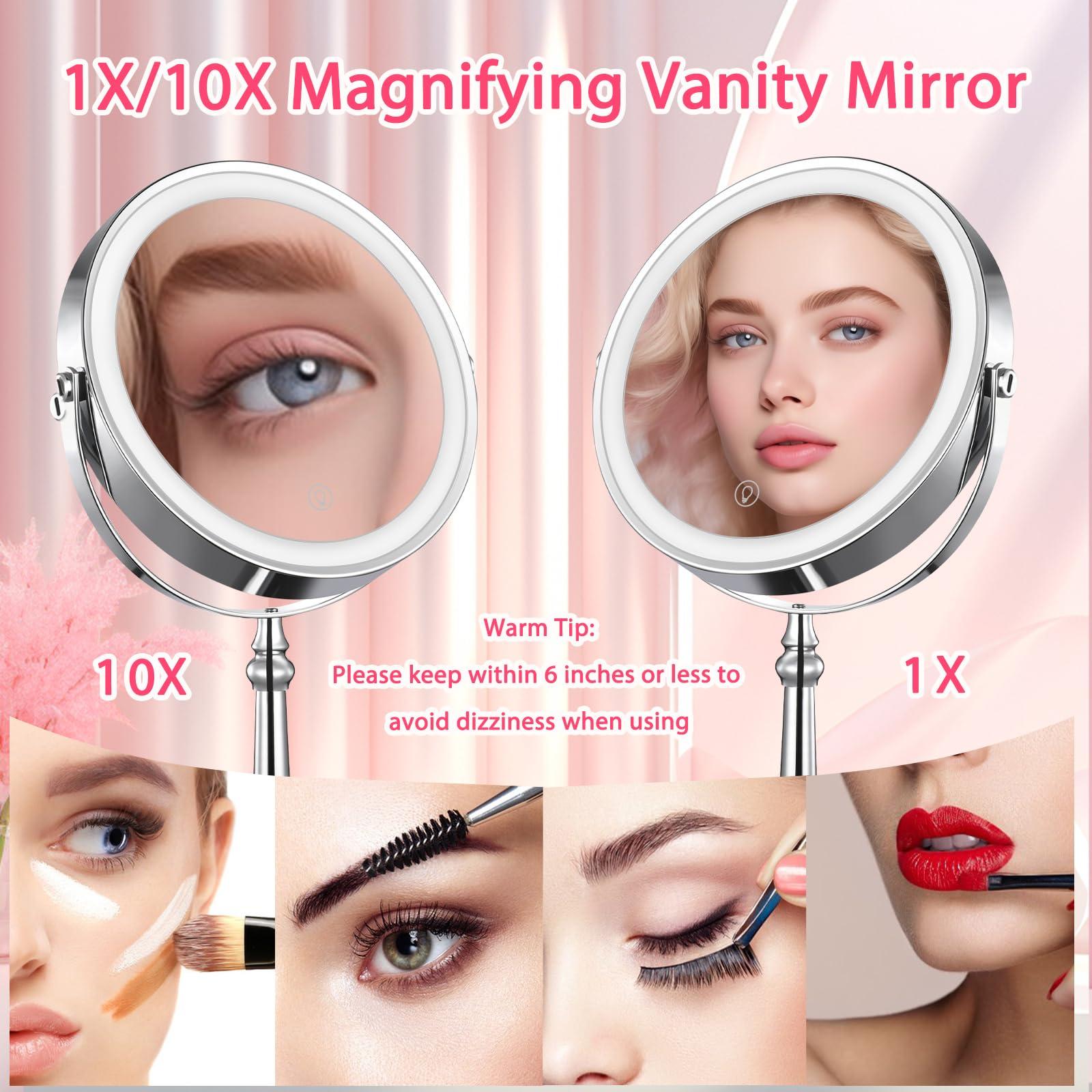 BRIGHTINWD 9" Large Lighted Makeup Mirror, 1X/10X Magnifying Mirror with Lights, 360 Rotate Touch Screen Vanity Light up Mirror with 3 Color Lights, Brightness Adjustable - Image 3