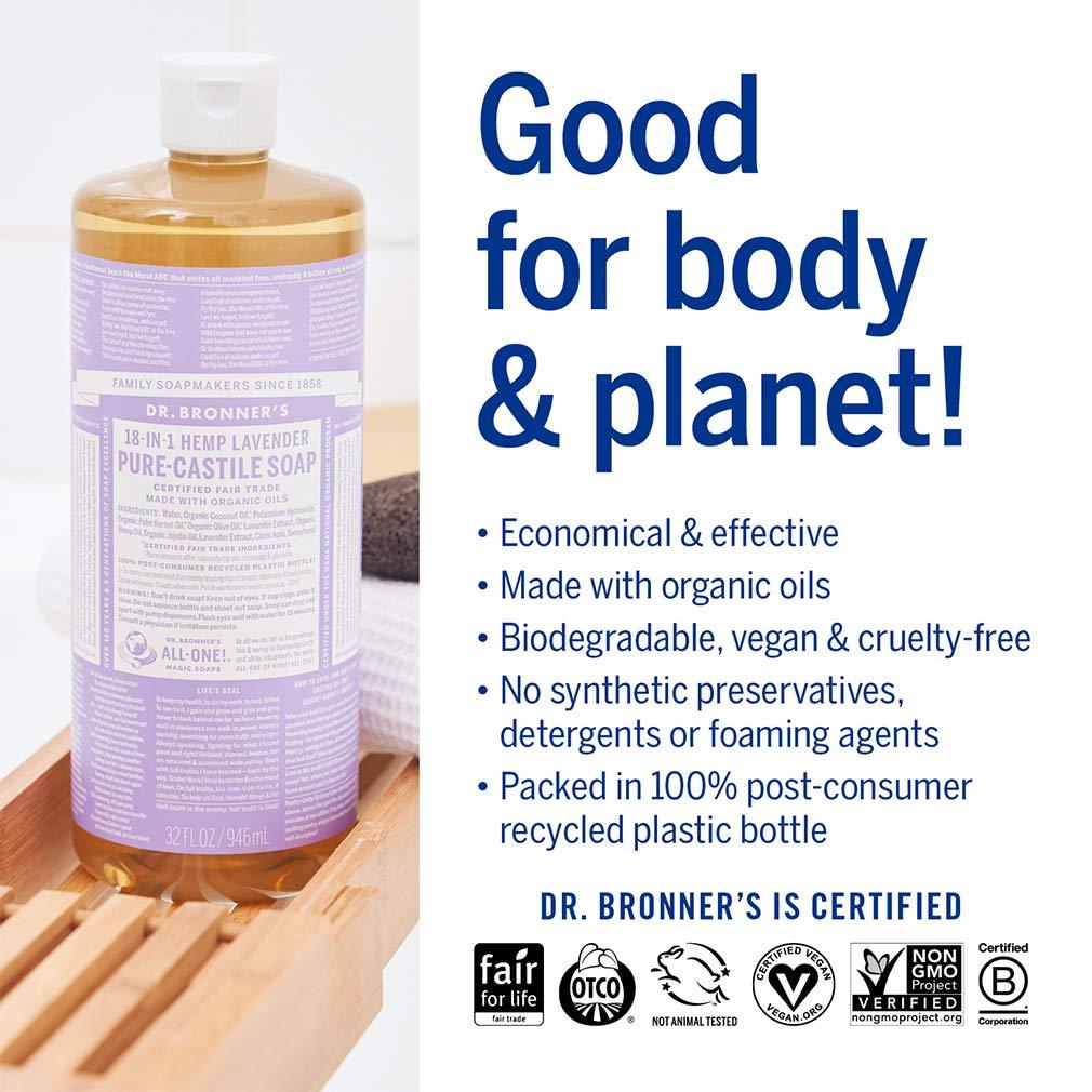 Dr. Bronner's Magic Soap - Pure-Castile Liquid Soap (Lavender, 32 ounce, 2-Pack) -Regenerative Organic Certified Oils, 18-in-1 Uses: Body, Hair, Laundry, Pets & Dishes, Concentrated, Vegan, Non-GMO - Image 4