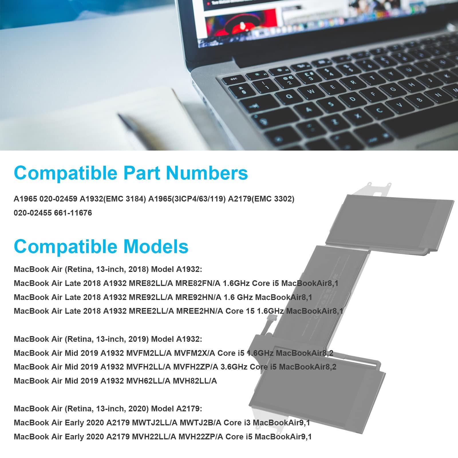 A1965 Laptop Battery for MacBook Air 13" Retina A1932 (2018 2019, Early 2020) A2179 EMC 3184 3302 MacBook Air8,1 8,2 9,1 MRE82 MRE92 MVFH2 MWTJ2 MVH22 MVFM2 MVFK2 MREE2 MREC2 MREA2 MREF2 MUQT2 MUQU2 - Image 4