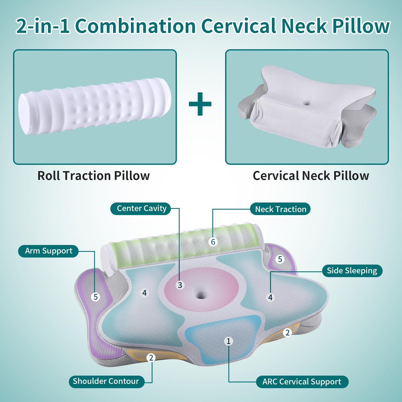 onesmile Cervical and Roll Neck Pillow-2 in 1 Removable Ergonomic for Pain Relief, Support for Sleeping, Memory Foam for Side, Back & Stomach Sleepers (Grey) - Image 3