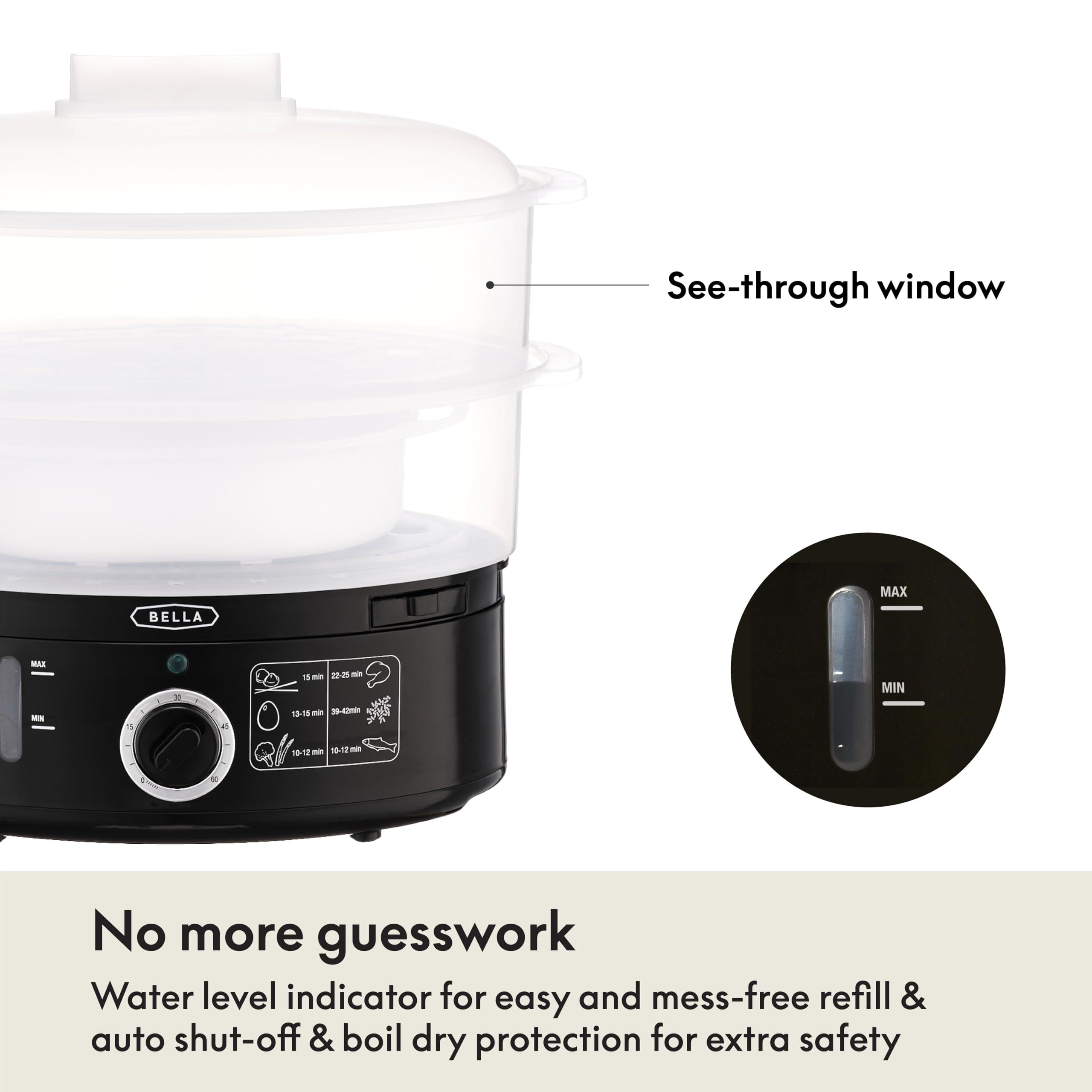 BELLA Two Tier Food Steamer with Dishwasher Safe Lids and Stackable Baskets & Removable Base for Fast Simultaneous Cooking - Auto Shutoff & Boil Dry Protection, Stainless Steel, 7.4 QT, Black - Image 5