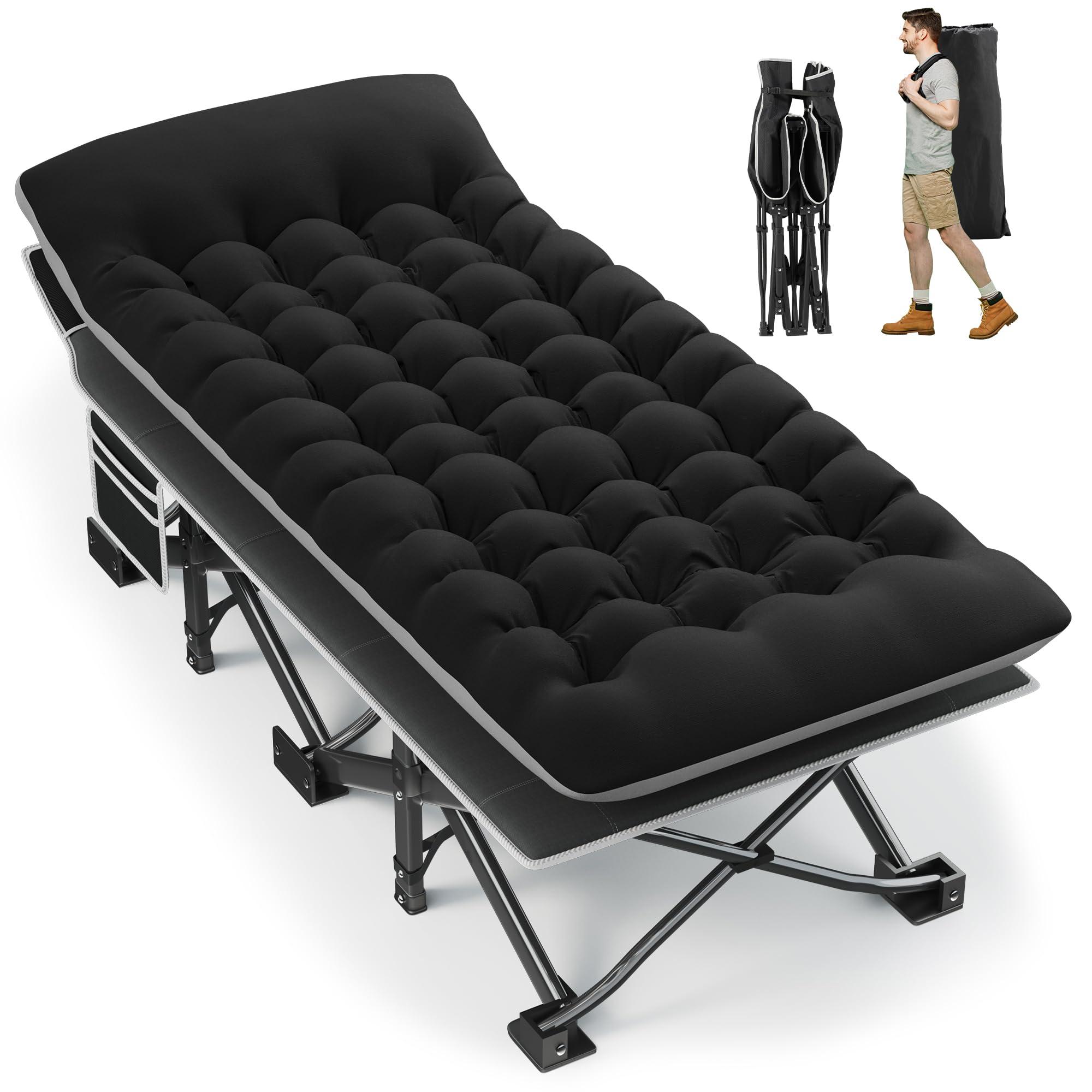 Fragess Portable Camping Cot, 32" Extra Wide Camping Cots for Adults with Thick Mattress, Heavy Duty Sleeping Cot Holds Up to 600LBS, Cots for Sleeping, Rv, Beach, Patio, Office Naps(Black)