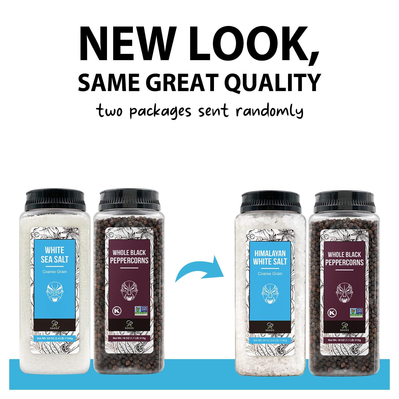 Soeos Himalayan Sea Salt, 39 oz (2.4 lb) + Whole Black Peppercorns, 18oz (1.1 lb) White Himalayan Salt Coarse Grain, Whole Black Peppercorns, White Salt in Grinder, Salt and Pepper Refill - Image 3