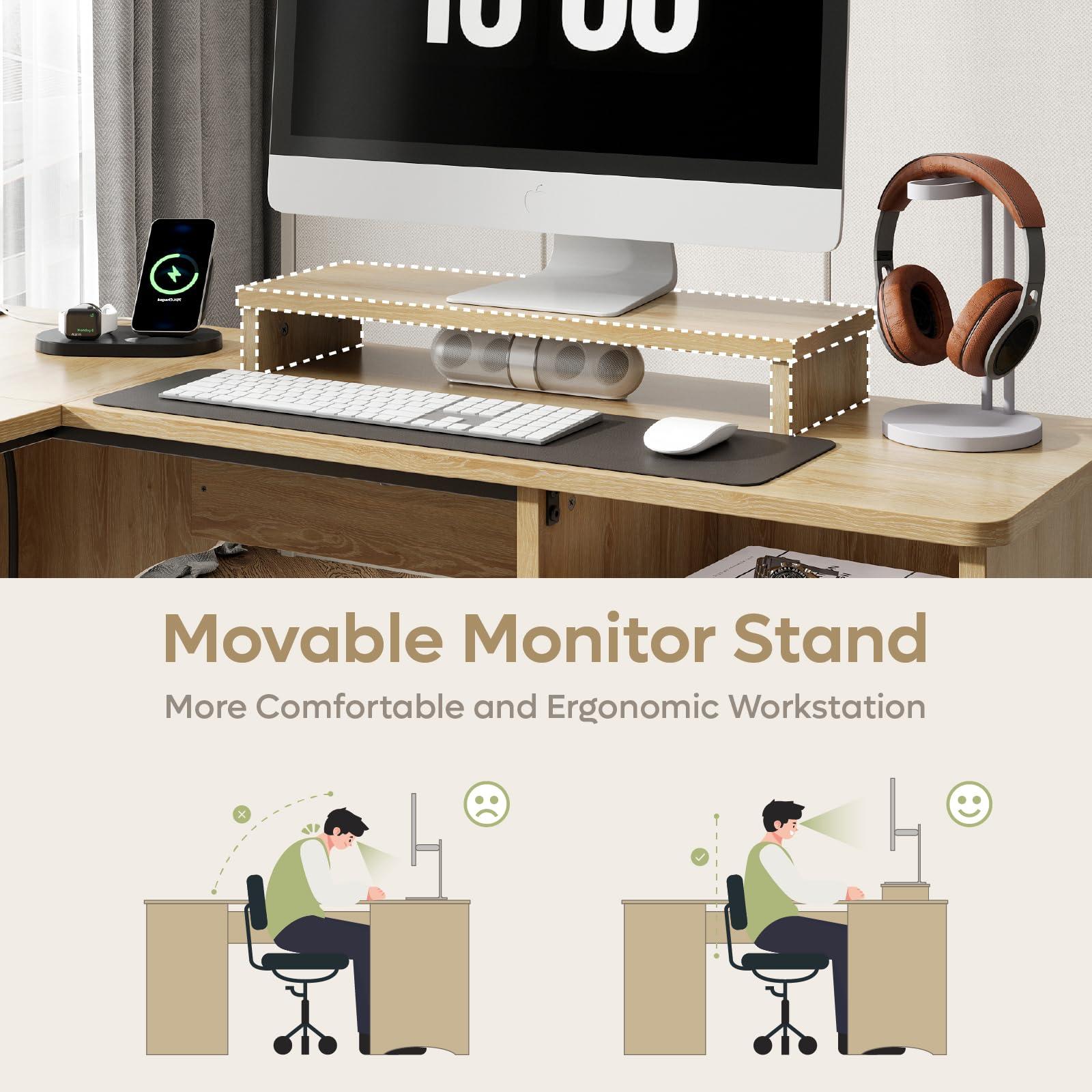 Bestier L Shaped Desk with Lift Desktop, 55 inch Corner Desk with Fluted Panel Deisgn Drawers, Modern Office Desk with File Drawer (Natual Oak, 55'' x 55'' Lift Top) - Image 9