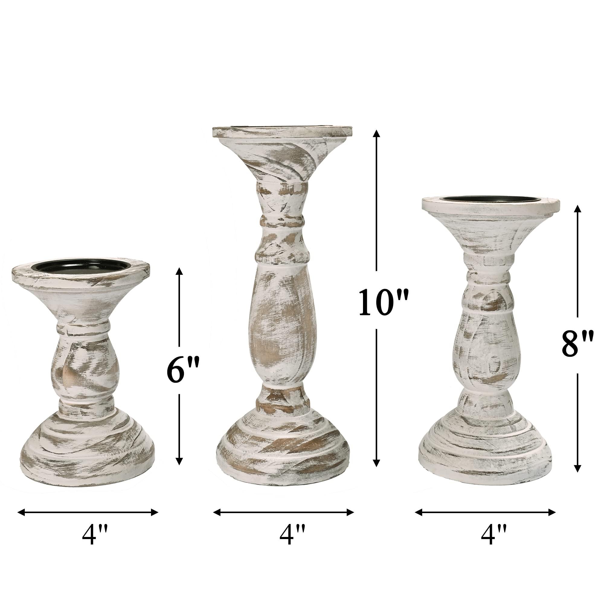 Yorkmills Pillar Candle Holder Set of 3, Farmhouse Decor Living Room Tall Candle Holders for Pillar Candles, Wood Candle Holders for Table Centerpieces White Home Decor Kitchen Dining Room Table Decor - Image 2