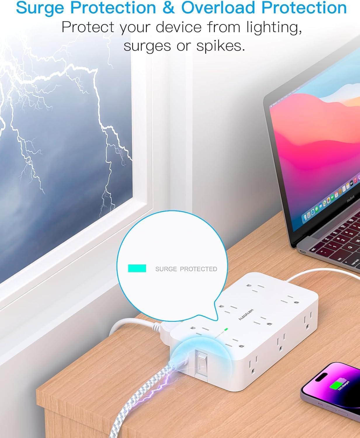 Extension Cord 15 Ft, HANYCONY Power Strip Surge Protector 12 Outlets 4 USB Ports (2 USB C), Large Desk Power Strip with Long Cord, Flat Plug, Wall Mount for Office Home College Dorm Room Essentials - Image 3
