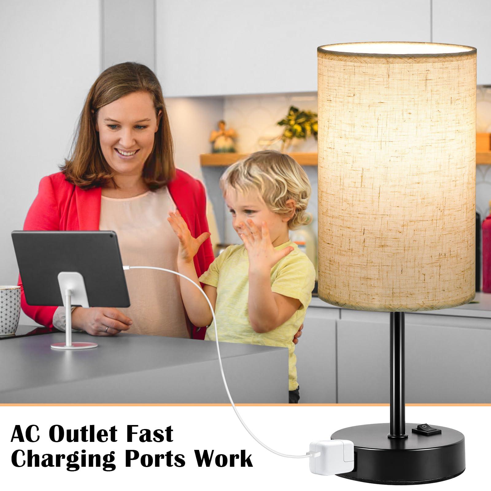 ZJOJO Table Lamp for Bedroom Set of 2, Bedside Small Lamps with 3 Way Dimmable Rocker Switch and AC Outlet, Nightstand Desk Lamp with Flaxen Fabric Shade Black Base for Living Room Home Decor Lights - Image 4