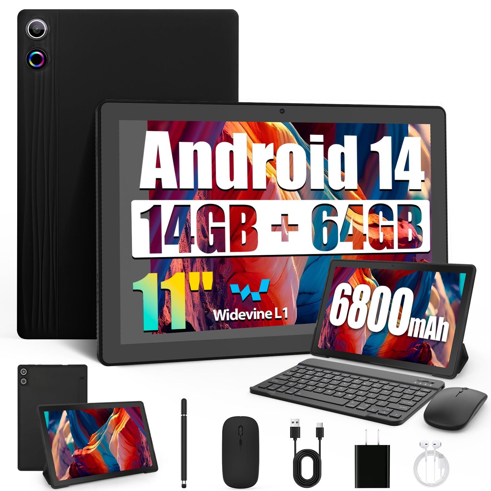 HiGrace Android Tablet, 14GB RAM+64GB ROM (TF 1TB), 11 inch Android 14 Octa-Core, 6800mAh, Widevine L1, WiFi 6, 8 in 1 Tablet with Keyboard, Mouse, Protective Case, Stylus, Headset, Charger- Black