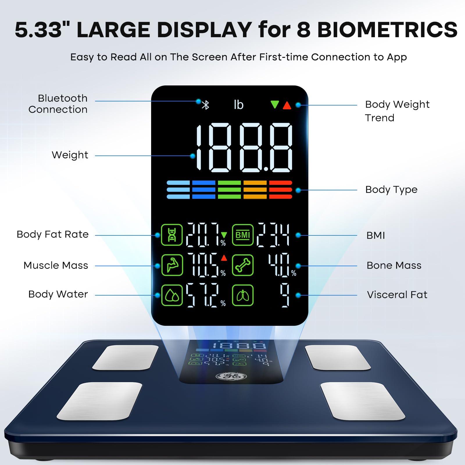 GE Scale for Body Weight Smart: Digital Bathroom Body Fat Scales 500lbs for BMI Muscle Bluetooth Smart Weight Monitor 11.8" Large Platform Weighing Machine Health Analyzer with App Drak Blue - Image 2