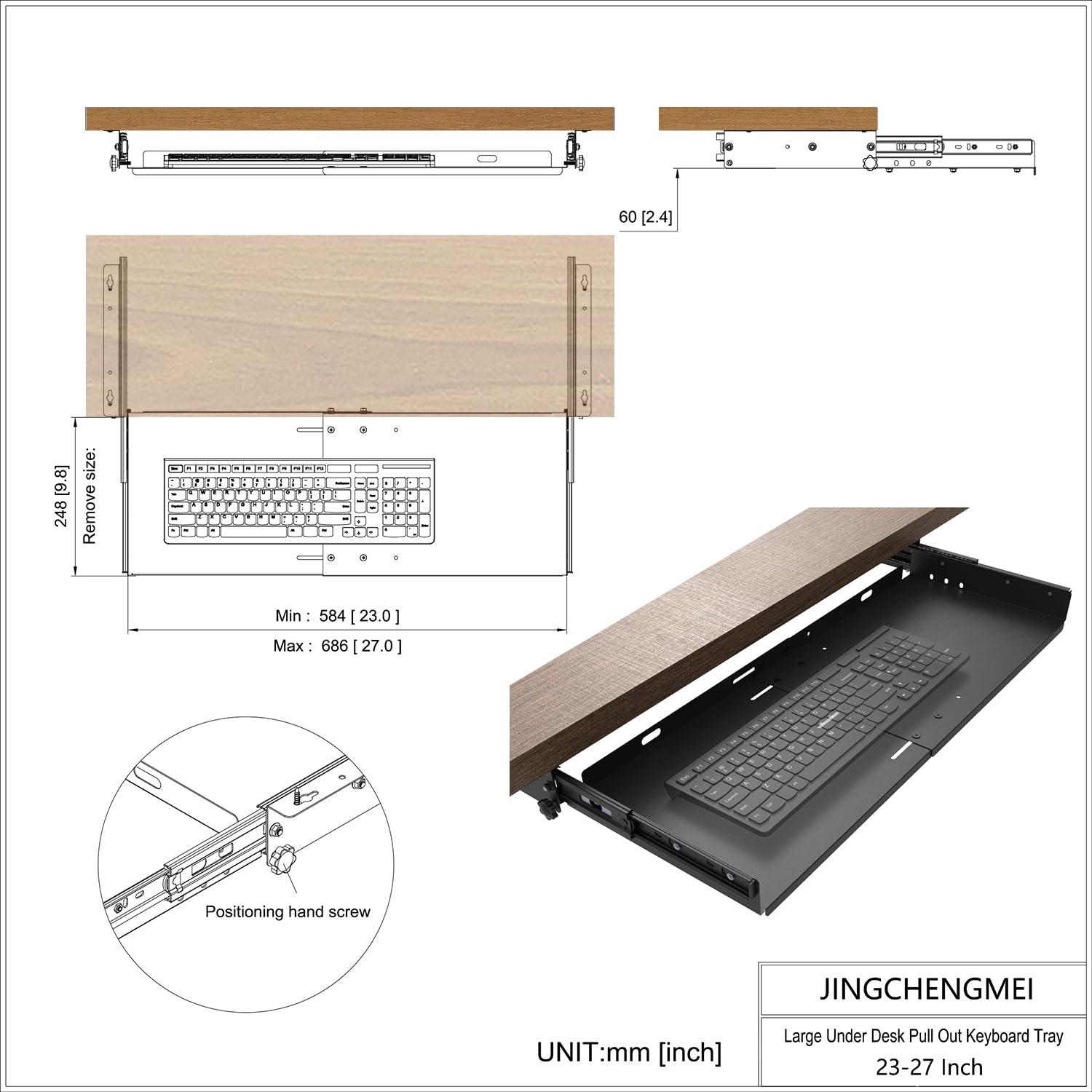 JINGCHENGMEI Sliding Keyboard Tray Under Desk, Pull-Out Keyboard and Mouse Tray, 27 x 9.8 inches Large Platform Slide-Out Computer Drawer for Typing, Metal, Black - Image 2