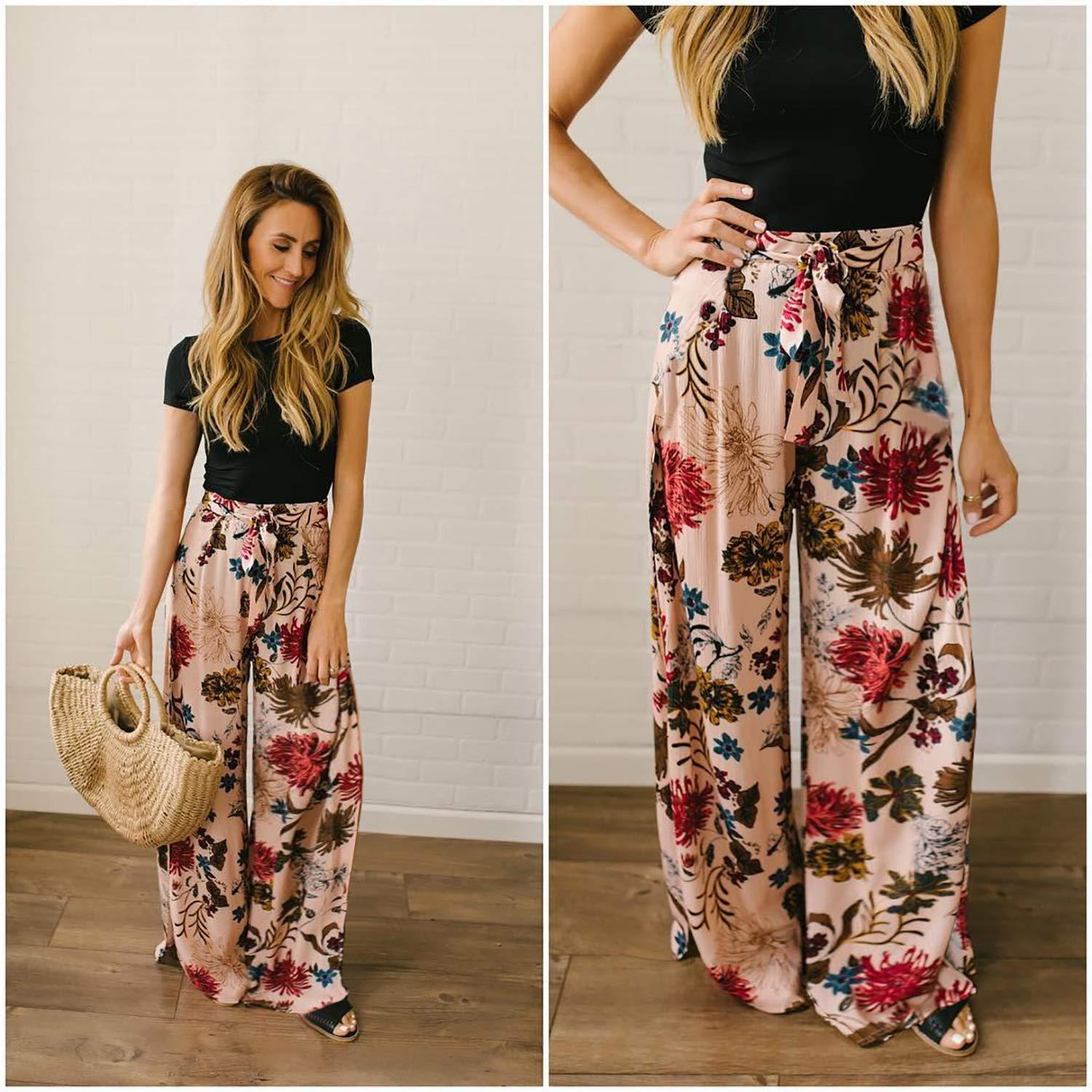 ECOWISH Wide Leg Pants for Women Summer 2025 Palazzo Tropical Floral Casual High Waist Flared Trousers with Pockets - Image 4