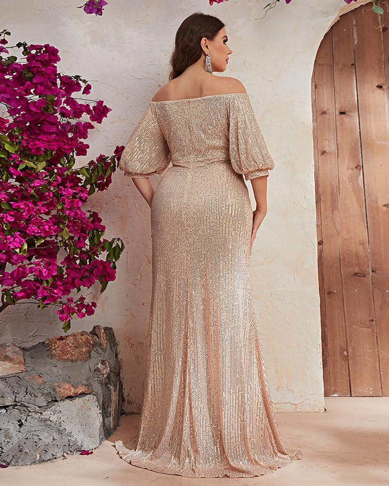 Women's Plus Size Off Shoulder Puff Sleeve Sequin Formal Maxi Dress Evening Party Gowns - Image 5