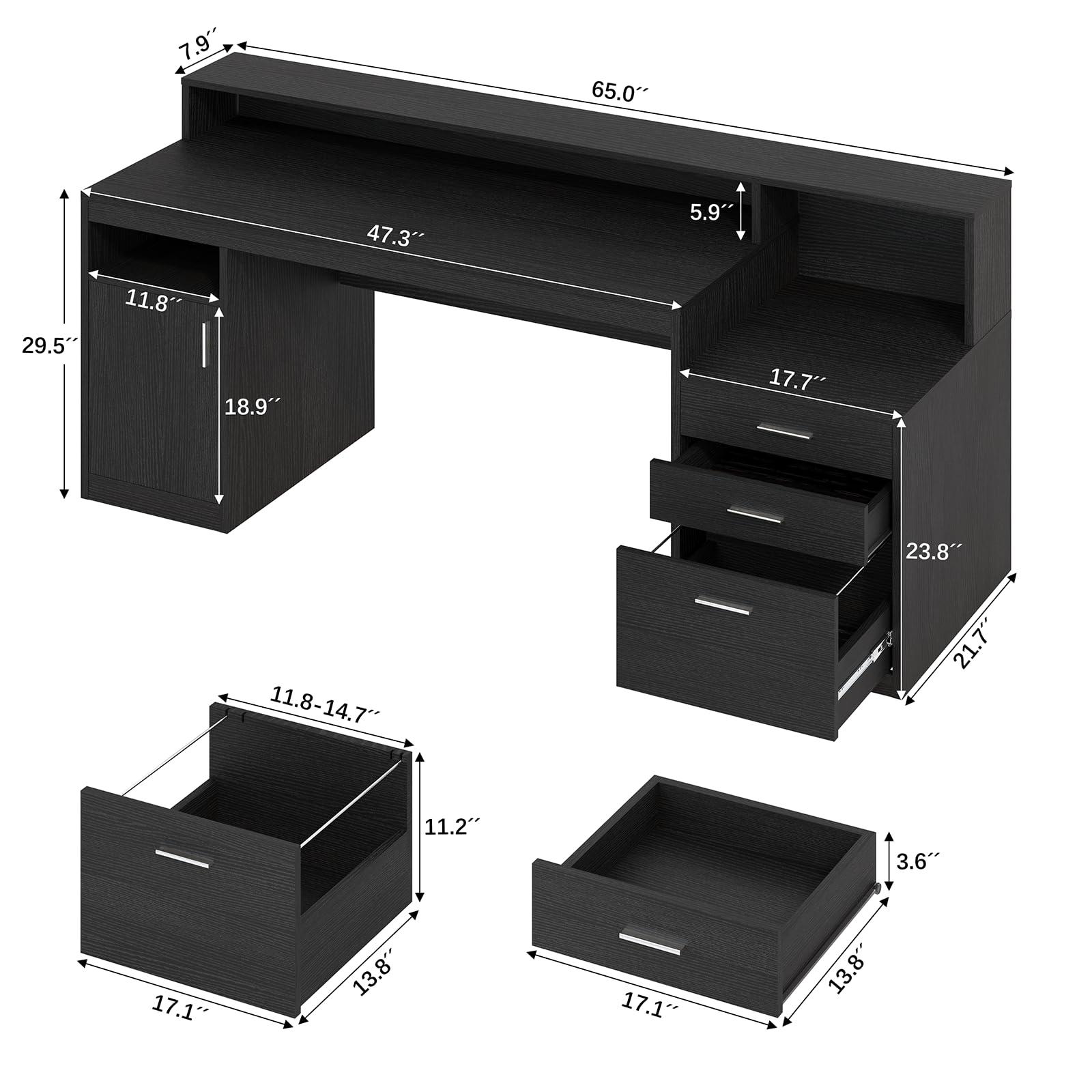 YOMILUVE Computer Desk with 3 Drawer & Storage Shelves, Home Office Desk with File Drawer & Cabinet, Writing Study Table with Long Monitor Stand & Printer Shelf, Executive Desk, Black - Image 2