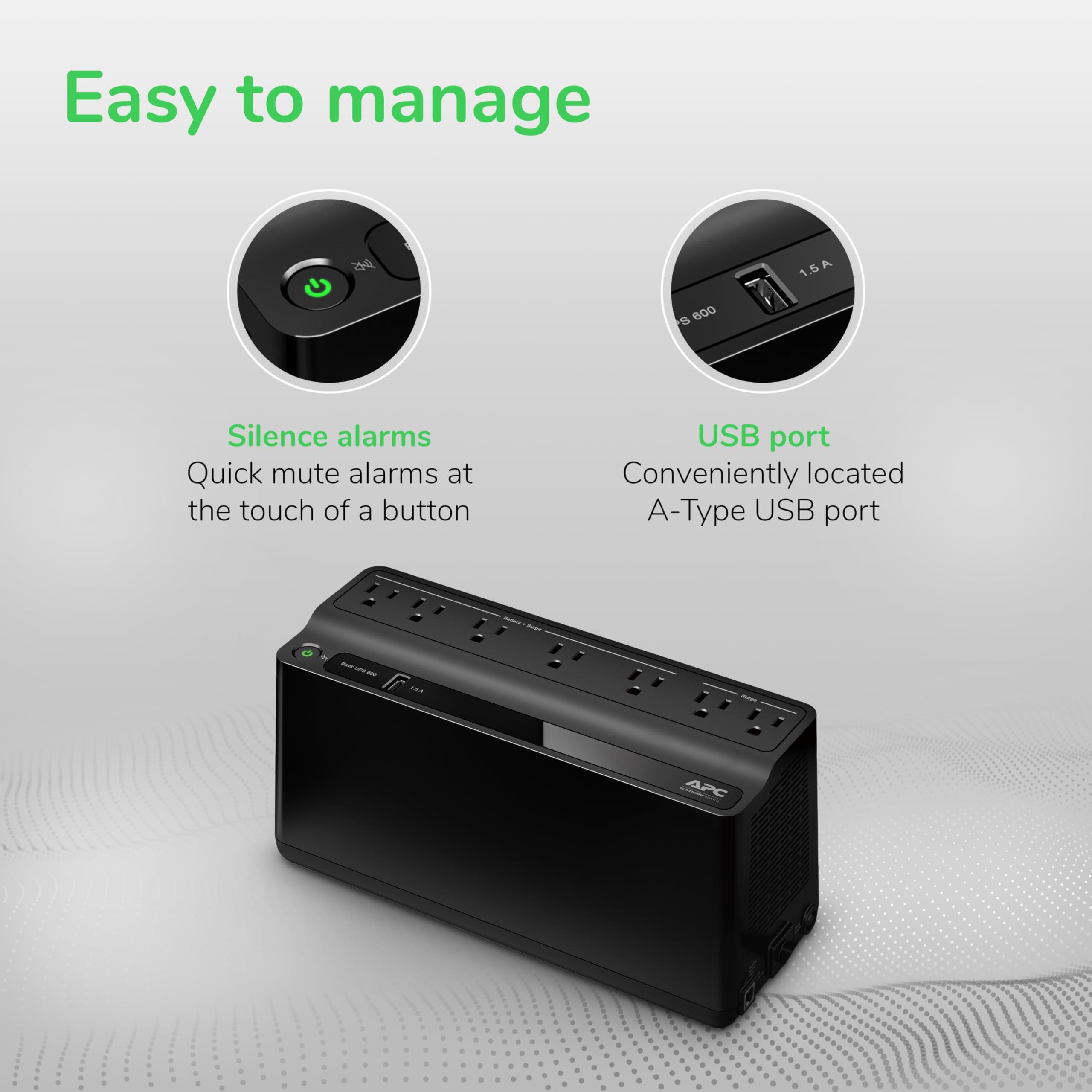 APC UPS Battery Backup and Surge Protector, 600VA/330 Watts Backup Battery Power Supply, BE600M1 Back-UPS with USB Charger Port - Image 3