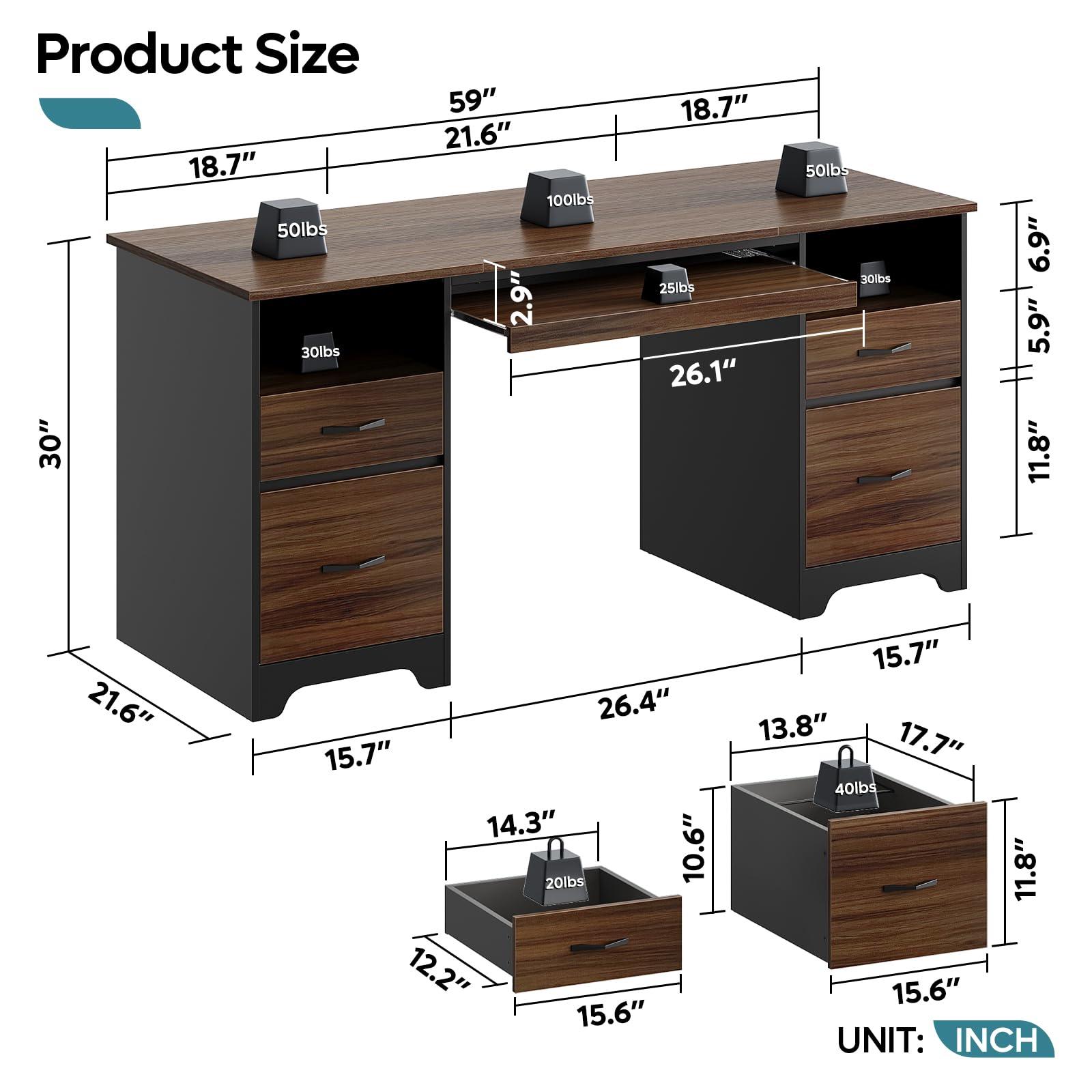 Bestier 59” Computer Desk with 4 Drawers, Office Desk with Storage, Industrial Executive Desk with File Drawer, Keyboard Tray & 2 Pedestals for Home Office & Studio, Cherry - Image 3