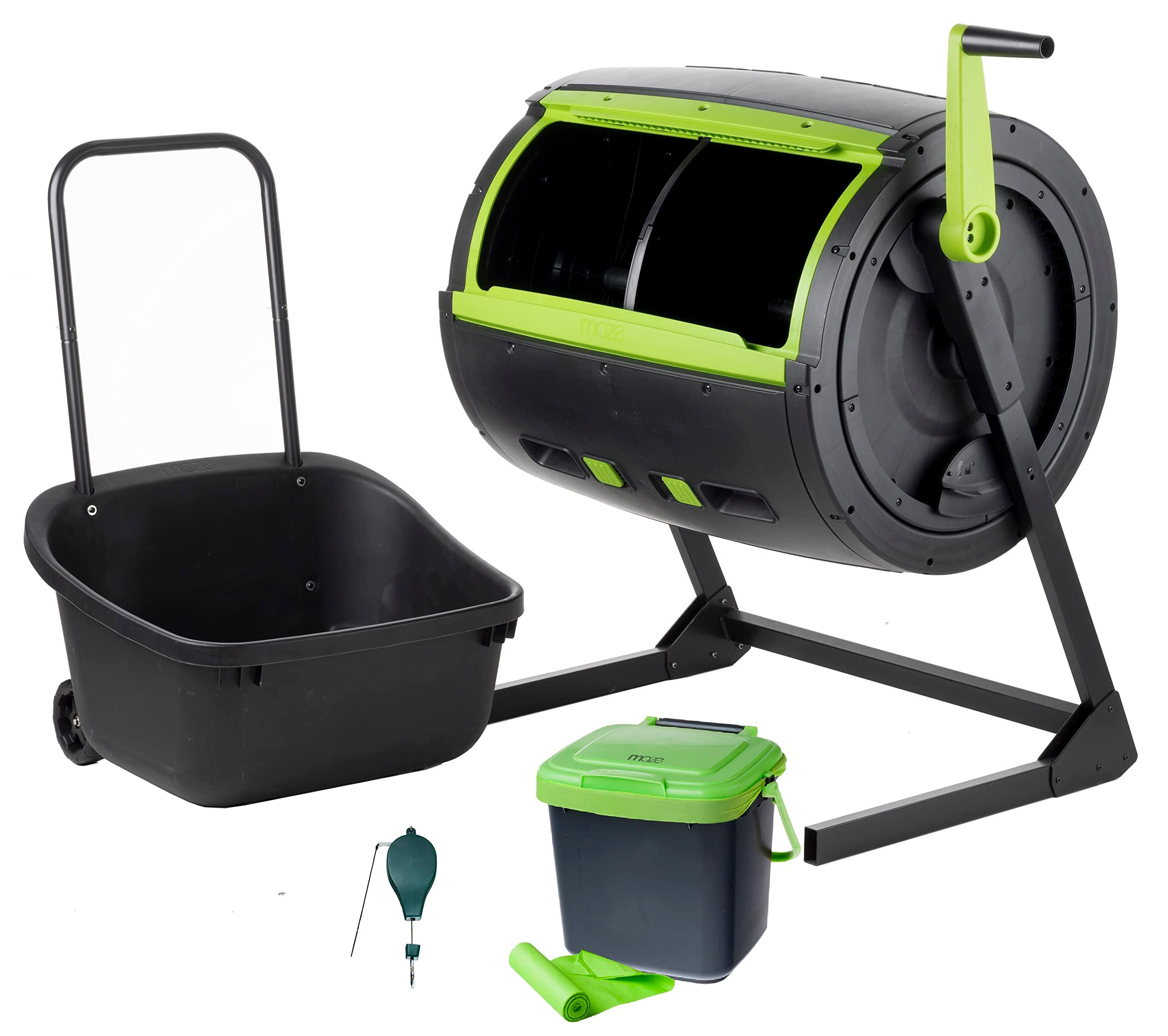 MAZE Two Stage 65 gal Compost Tumbler with Large Double Doors and Open Frame and Comes with Maze Compost Cart, 1.85 Gal Kitchen Caddie Compost Bin, 3 Rolls of Corn Bags and a Retractable Plant Caddie