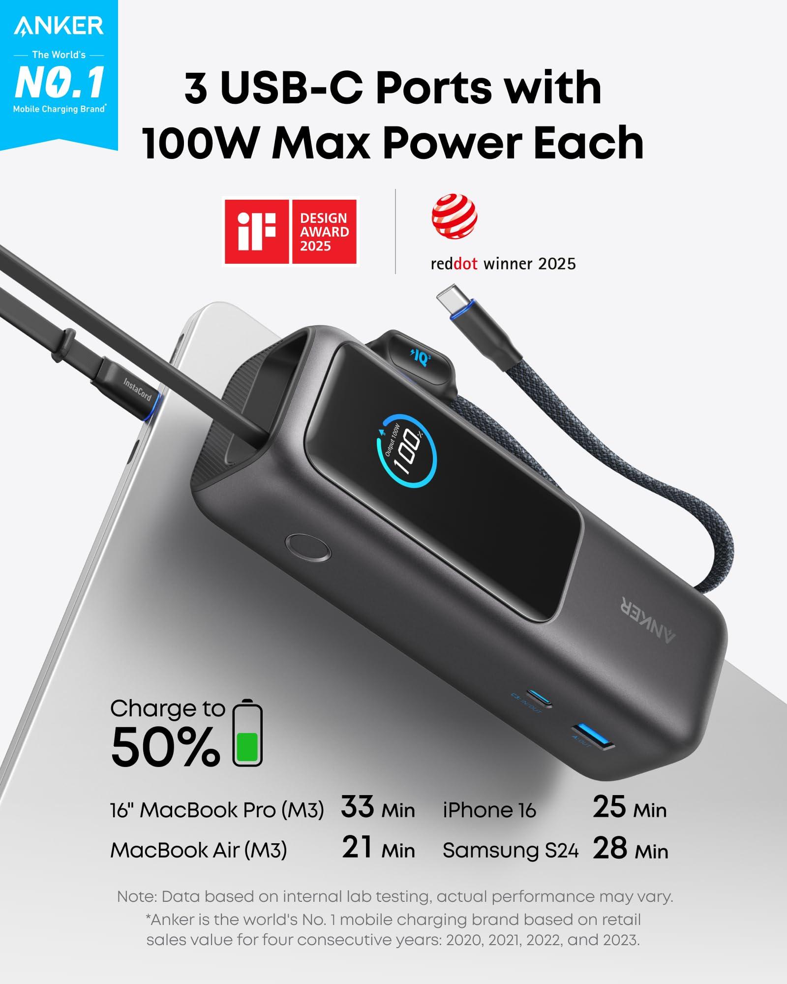 Anker Laptop Power Bank, 25,000mAh Portable Charger with Triple 100W USB-C Ports, Built-in and Retractable Cables, for iPhone 16/15 Series, MacBook, Samsung, and More (Flight-Approved) - Image 2