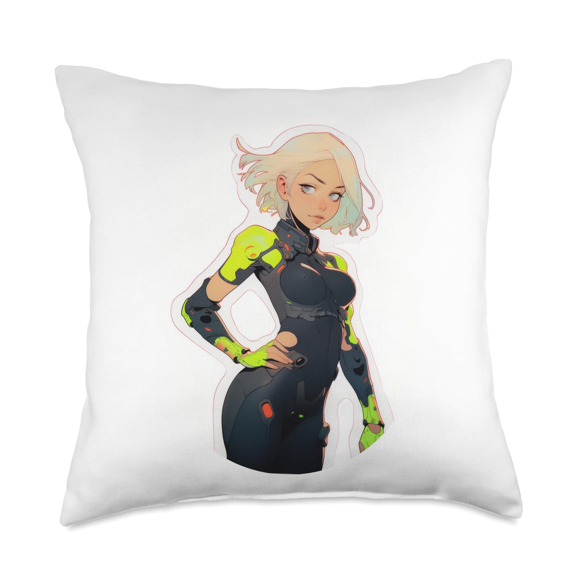 White Hair Cyber-punk Anime & Manga Girl In Cyberware Suit Throw Pillow
