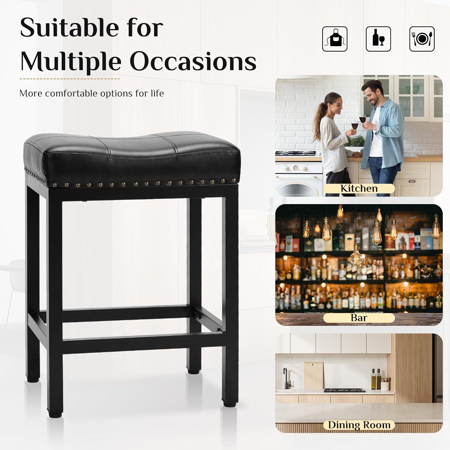 Sweetcrispy Counter Bar Stools Set of 4, 24 Inch Barstools for Kitchen Island, Upholated PU Leather Kitchen Chairs with Thick Saddle Seat & Metal Base and Footrest, Black - Image 5