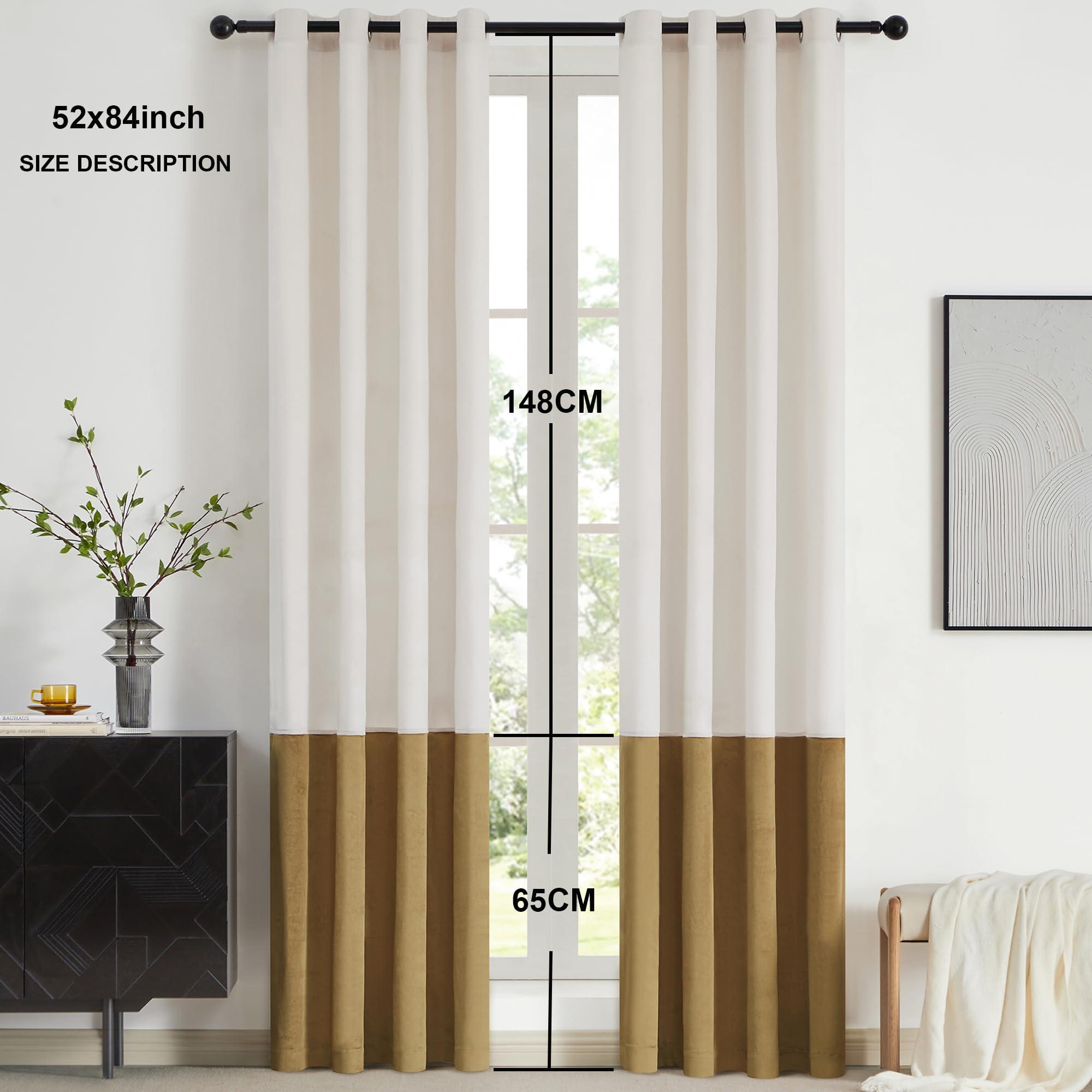 BULBUL Color Block Window Curtains Panels 84 inches Long Cream Ivory Gold Velvet Farmhouse Drapes for Bedroom Living Room Darkening Treatment with Grommet Set of 2 - Image 7