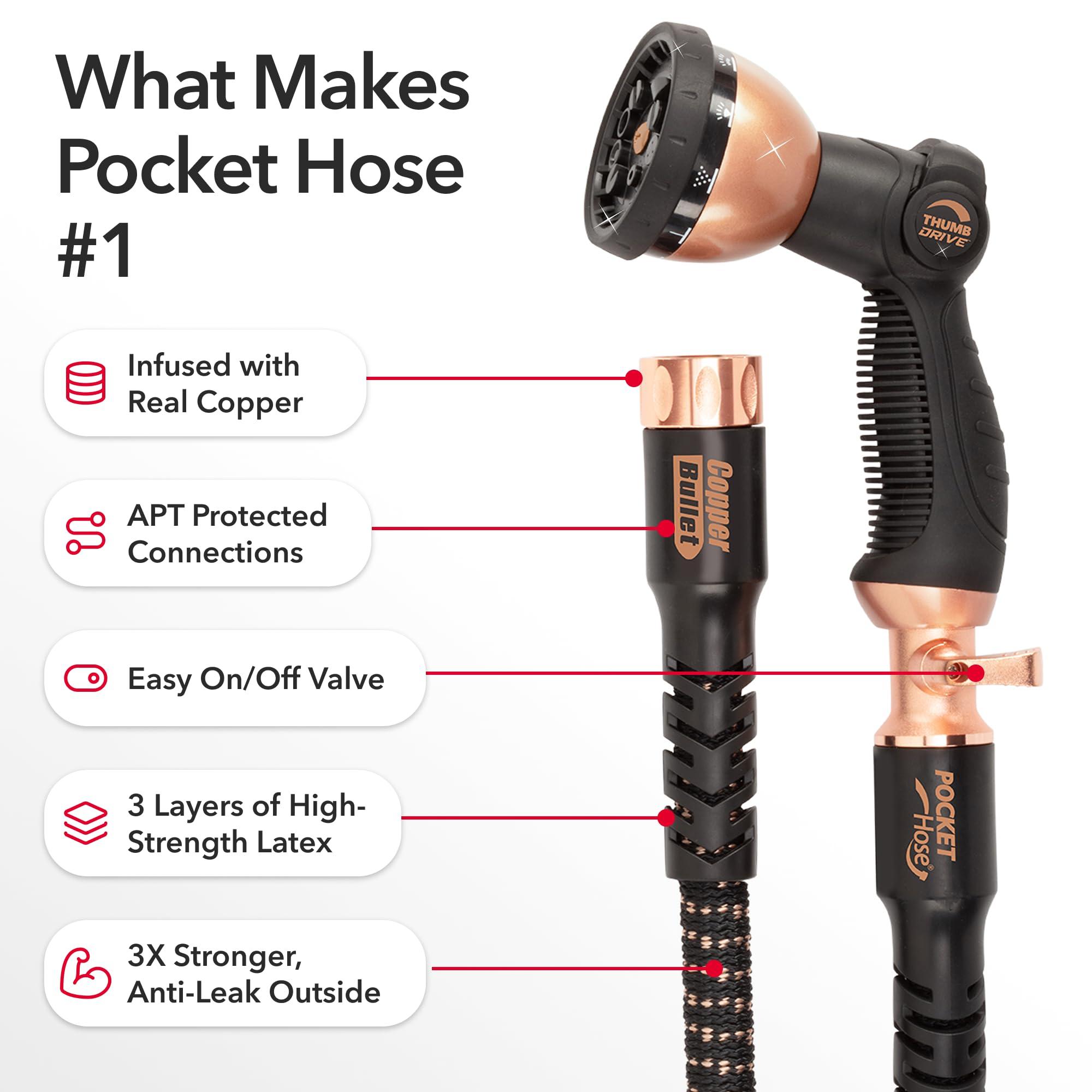 Pocket Hose Copper Bullet Expandable Garden Hose 25 FT w/10 Pattern Thumb Spray Nozzle AS-SEEN-ON-TV 650psi 3/4 in Patented Lead-Free Ultra-Lightweight Solid Copper Anodized Aluminum Fittings No-Kink - Image 3