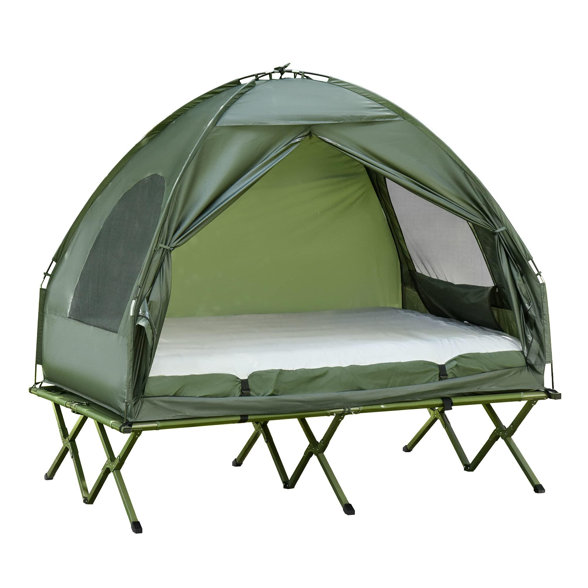 Outsunny 2-Person Tent Cot, 4-in-1 Folding Tent Combo with Air Mattress, Foot Pump, Carry Bag, Off Ground Travel Cot for Camping, Hiking, Backpacking