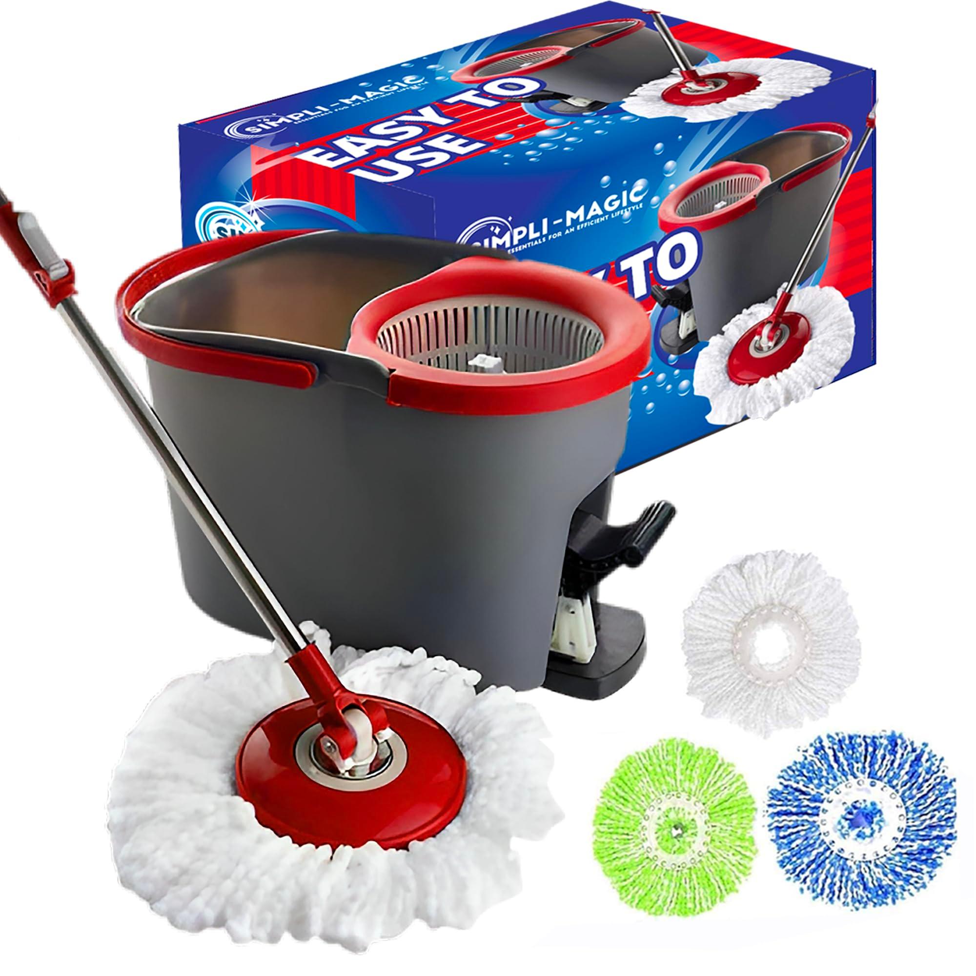 SIMPLI-MAGIC 79349 Spin Mop Cleaning System with 3 Microfiber Mop Heads, Red/GRAY,Red/Black