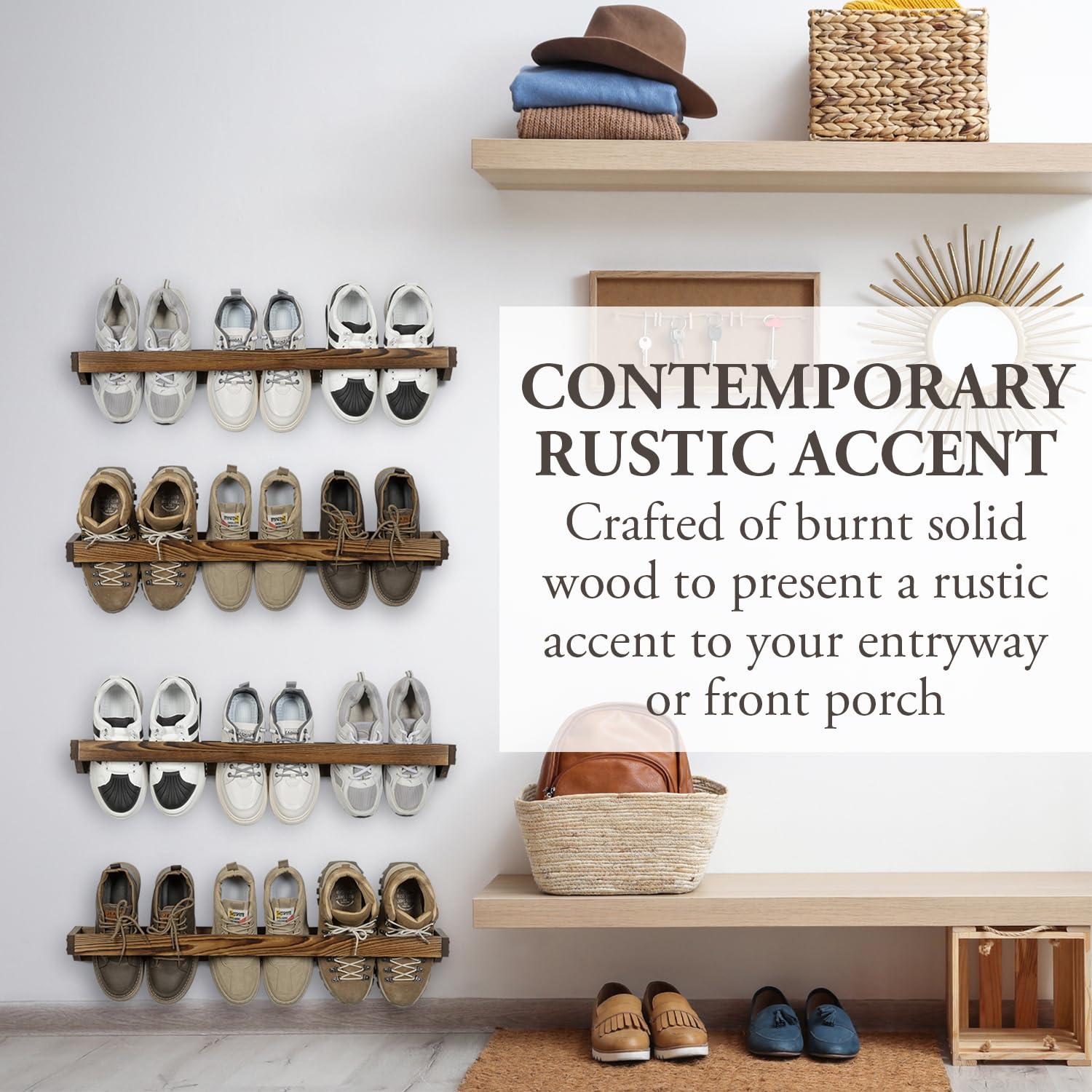 MyGift 30 Inch Rustic Burnt Solid Wood Hanging Shoe Rack, Set of 4 Wall Mounted Storage Organizer Footwear Holder for Closet, Mudroom, Entryway, Holds 12 Pairs - Image 2