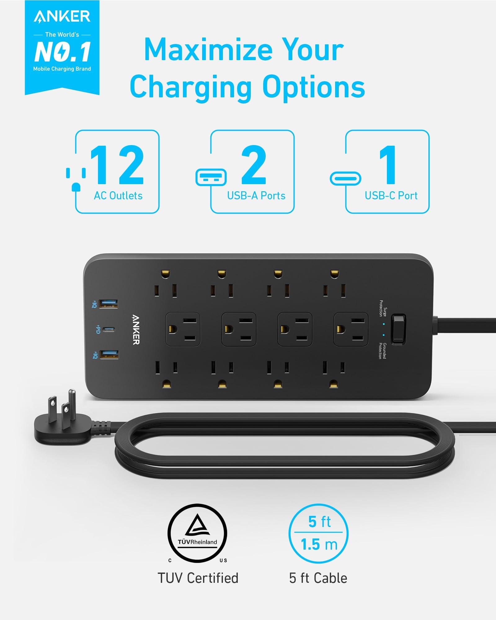 Anker Surge Protector Flat Plug Power Strip(2100J), 12 AC Outlets, 5feet Flat Extension Cord, 1USB C and 2 USB Ports for Multiple Devices, 20W Fast Charging for Home, Office, Dorm Essential, TUV - Image 2
