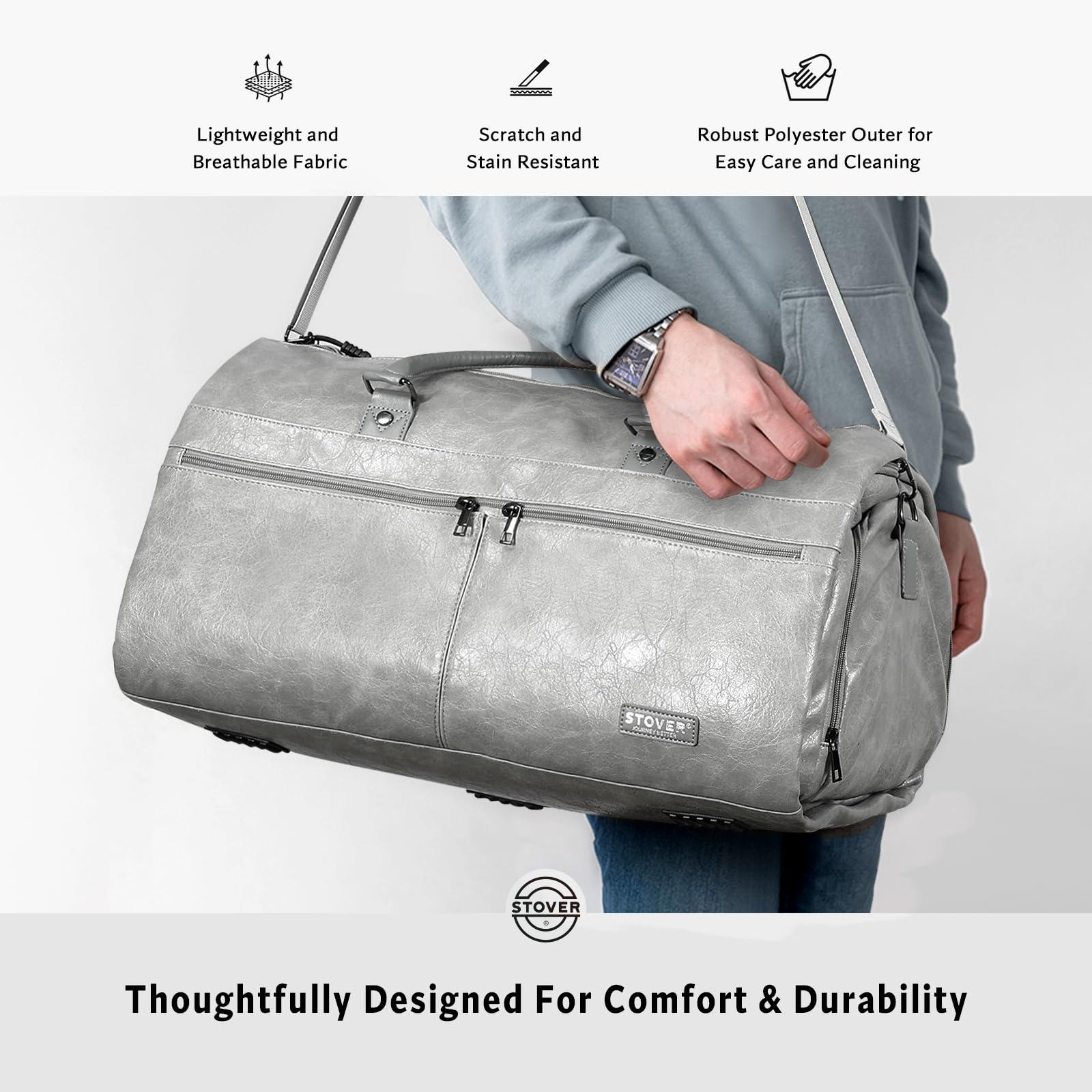 STOVER Garment Travel Duffle Bag, Large 2-in-1 Convertible Carry-on Luggage for Men & Women- Hanging Suits, Dresses & Clothes + Shoe Compartment- Weekender Tote Combo Duffel (Grey Leatherette) - Image 7