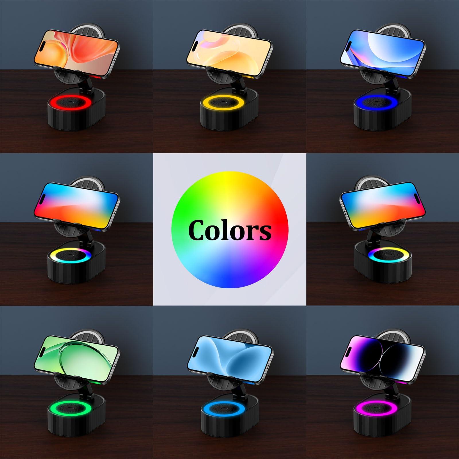 AKLLCCR Wireless Induction Audio Bluetooth Speaker 5in1 Phone Holder Emergency Rechargeable (3000mAh) with Colorful Ambient Light 300° Foldable for Tablet iPhone Android, Gifts for Men Women (Black) - Image 7