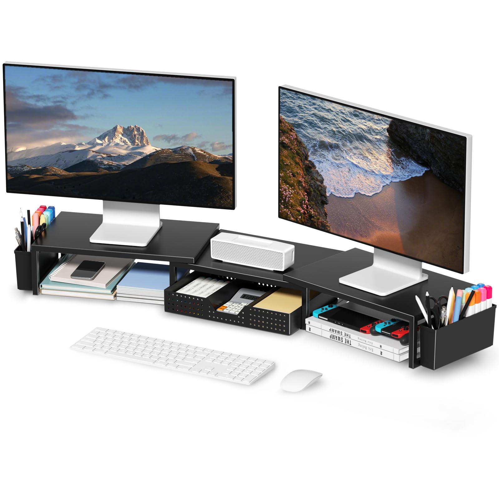 OPNICE Desk Organizers and Accessories, Dual Monitor Stand Riser with Drawer and 2 Pen Holders, Desk Shelf Metal Computer Monitor Stand for Office Workspace Organizers, Desktop Organization (Black)