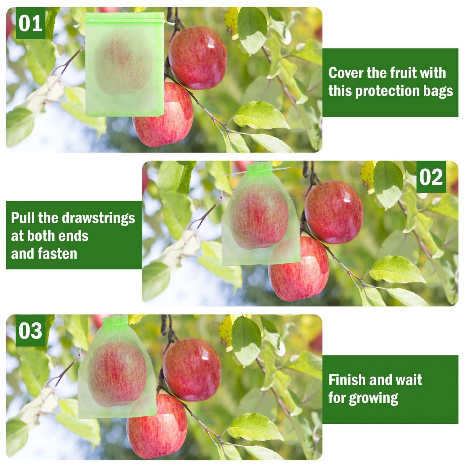 June Fox 50 Pcs Fruit Protection Bags 6x9 inch, Fruit Netting Cover Bags with Drawstring for Mangoes Tomatoes Fruits Trees Veggies Garden (Green) - Image 7