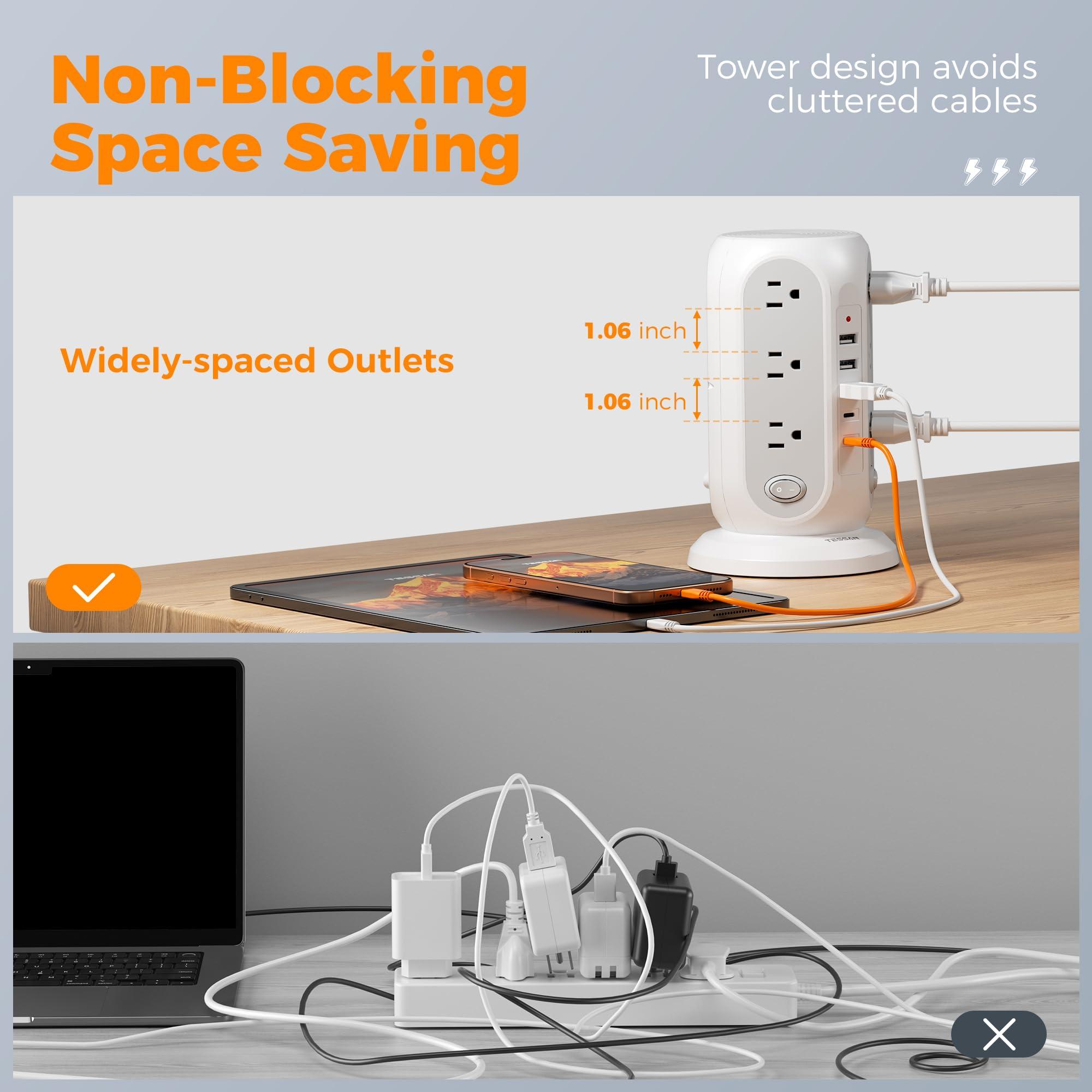 Tower Power Strip with Individual Switches, TESSAN Surge Protector with 12 Outlets, 5 USB Ports(2 USB C), Flat Extension Cord 10 Ft, Flat Plug, Charging Station for Multiple Devices, for Office, Dorm - Image 7
