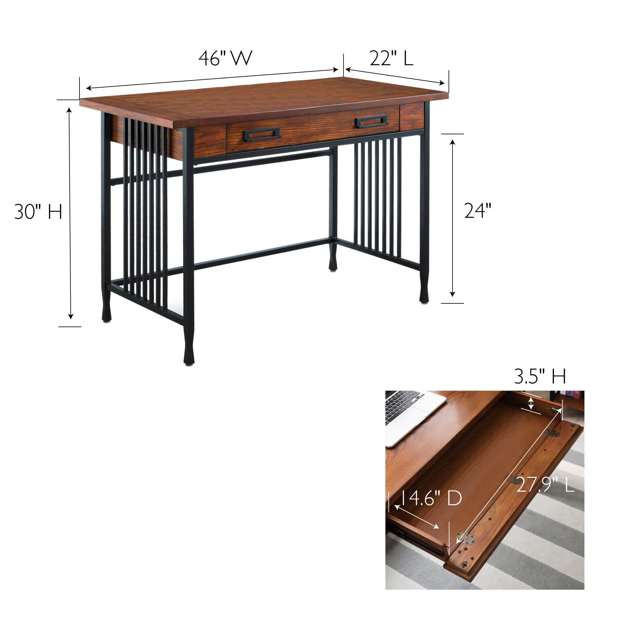 Ironcraft Rustic Writing Computer Desk with Drop Front Keyboard Drawer, Solid Wood Home Office Desk, Mission Oak and Black – Leick Home, 11200 - Image 3