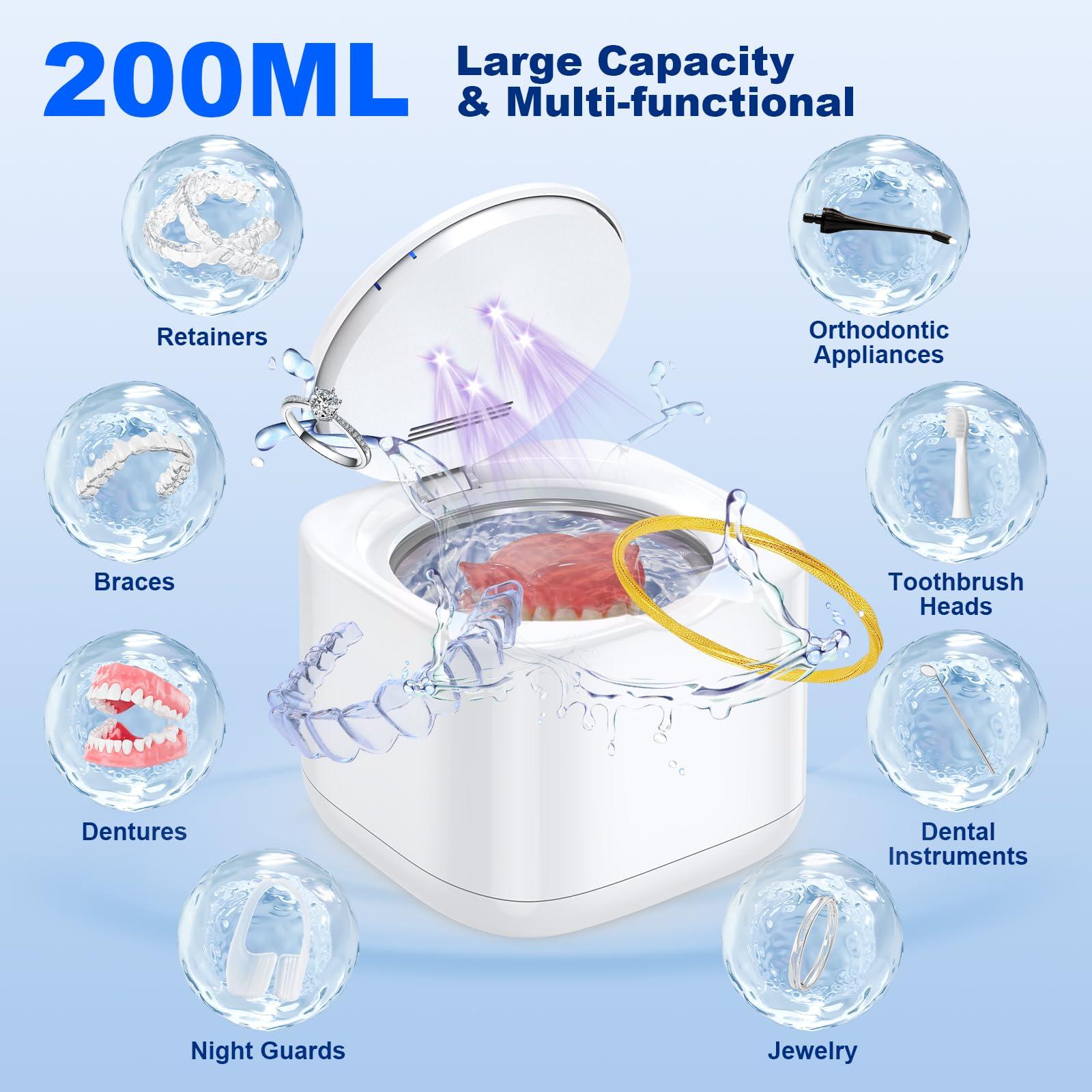 Rechargeable Ultrasonic Retainer Cleaner Machine, 45kHz Denture & Night Guard Cleaner with 200ML Dental Cleaning Pod for Retainers, Aligners, Mouth Guards - Image 5
