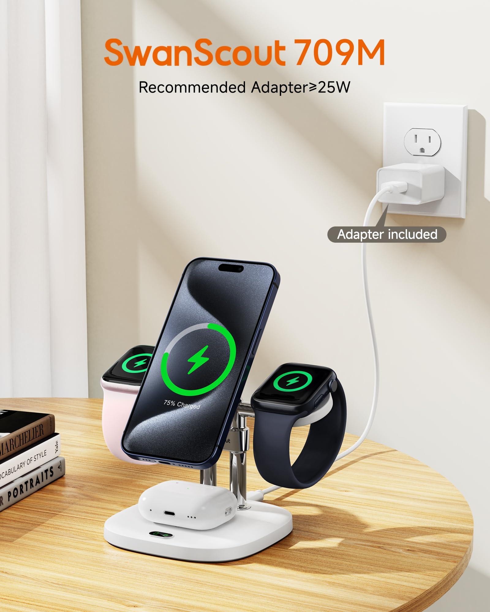 SwanScout Dual Fast Charger for Apple Watch 10/9, Magnetic Wireless Charger Stand for iPhone 16 15 14 13 12, 4 in 1 Charging Station for Apple Watch Series 10 9 8 7 6/SE/Ultra, Airpods, SwanScout 709M - Image 2