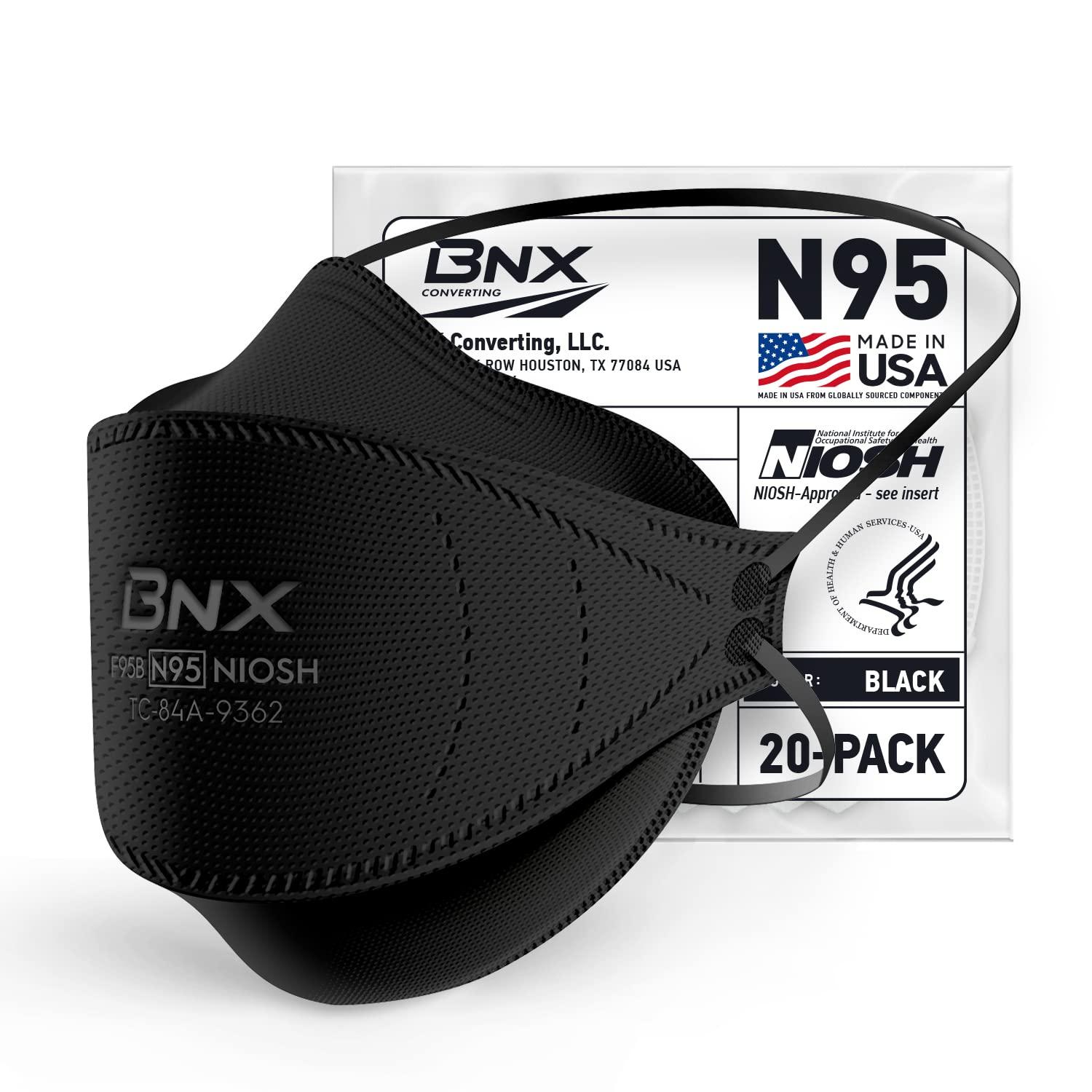 BNX N95 Mask NIOSH Certified MADE IN USA Face Mask, Tri-Fold Cup/Fish Style, 10,20,50-Pack - Black, White (Model F95B,F95W)